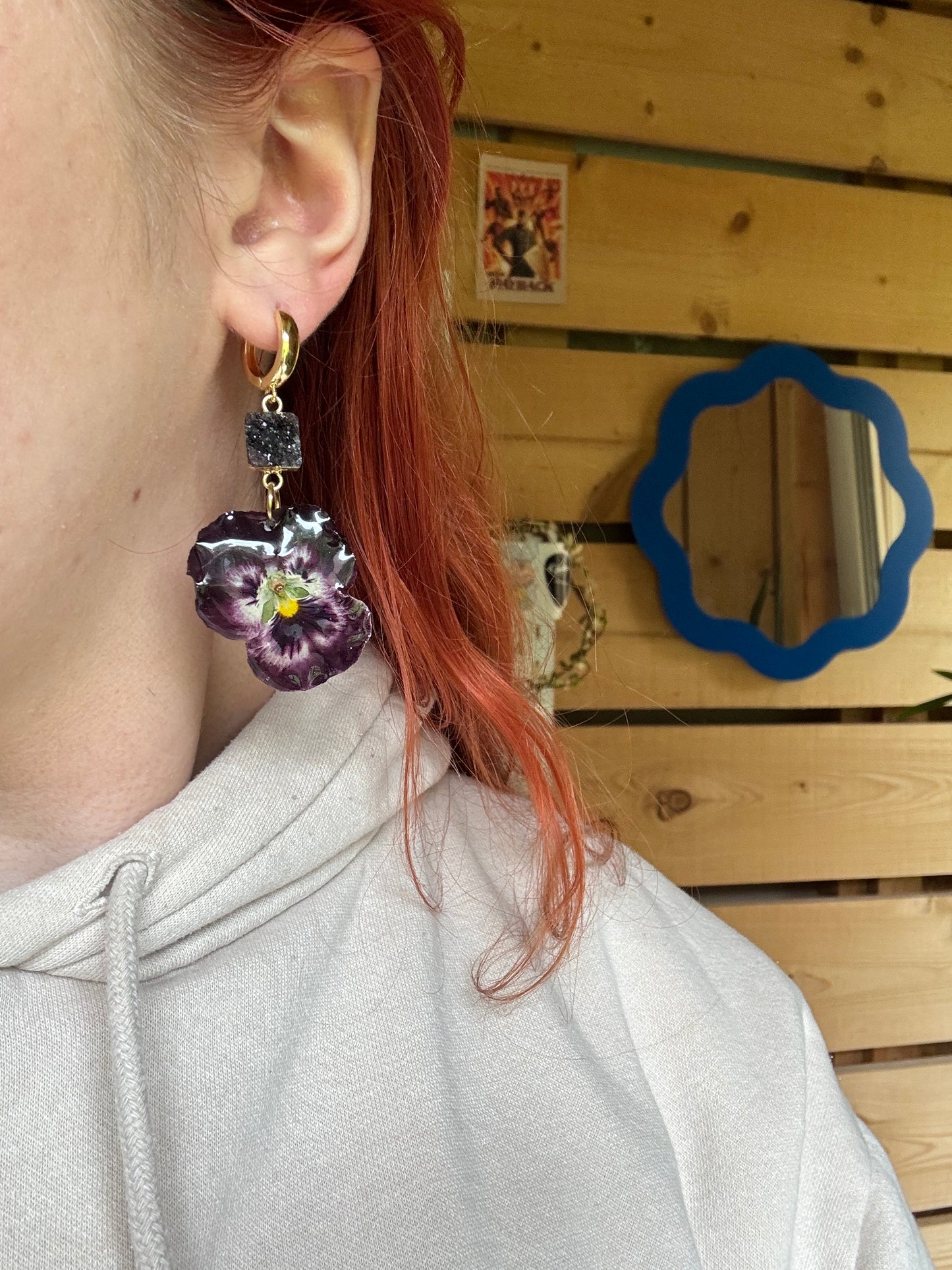 Goth pansy earrings