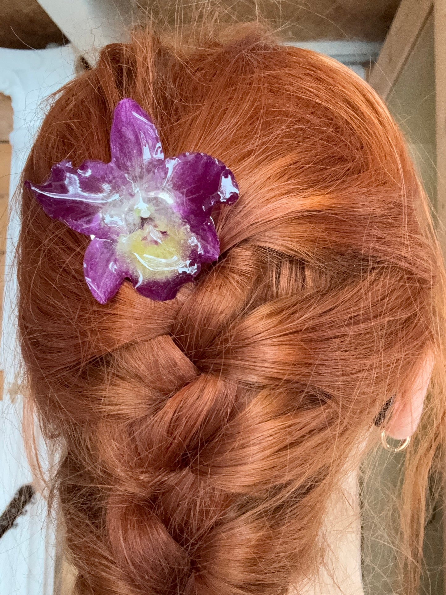 Real purple dendrobium orchid hair pin