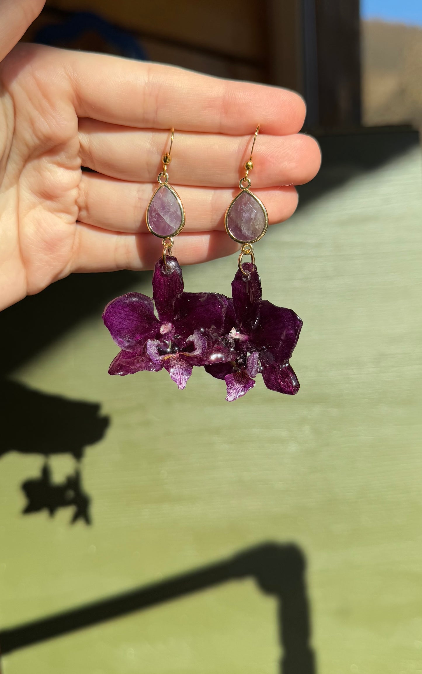 Dark purple orchid earrings with amethyst