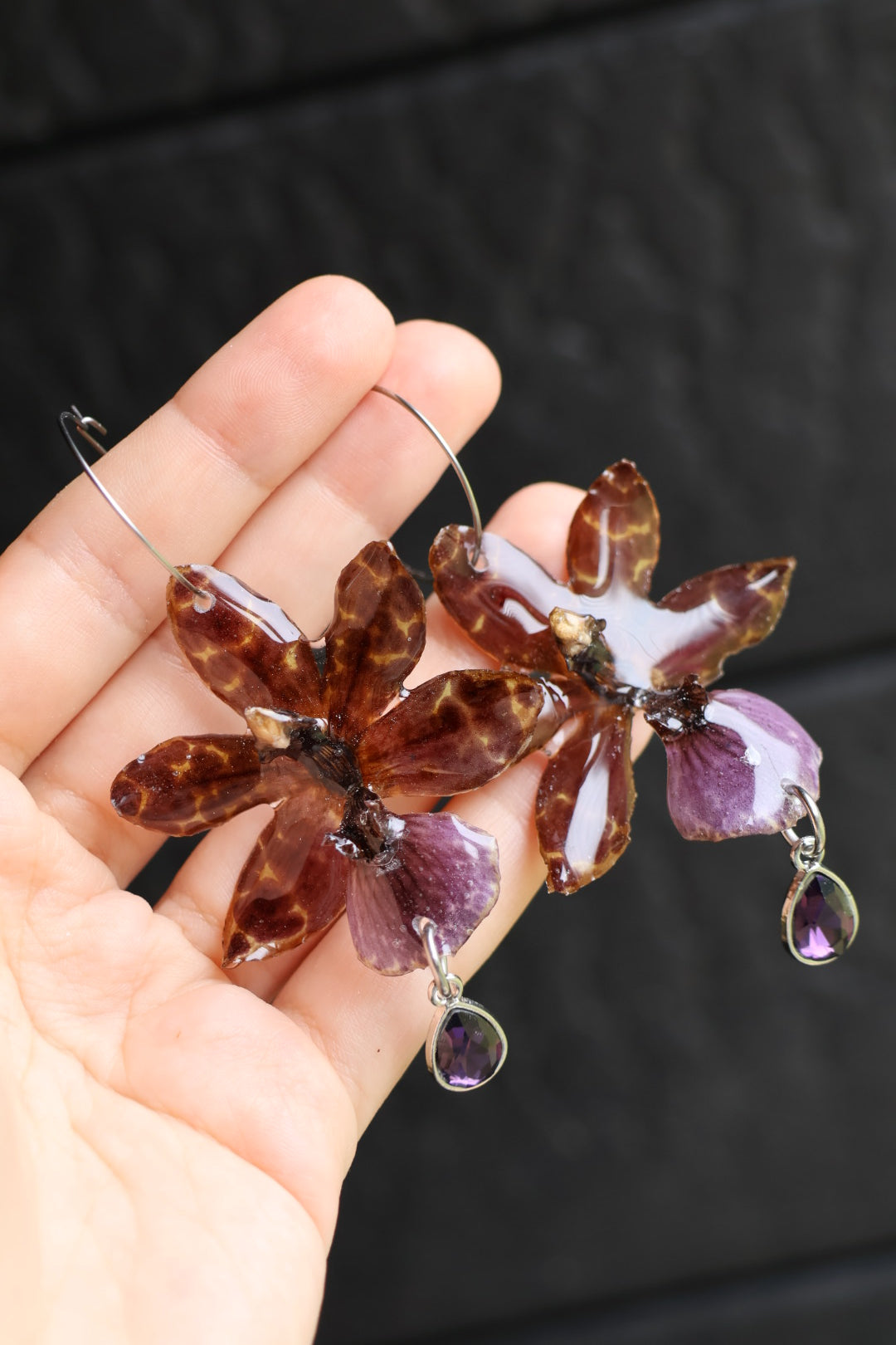 Zygopetalum Orchid Earrings • Real Flower Jewelry • Rare Botanical Earrings • Handmade Nature Hoops • Dark Cottagecore Gift • Orchid Art SYLLIA