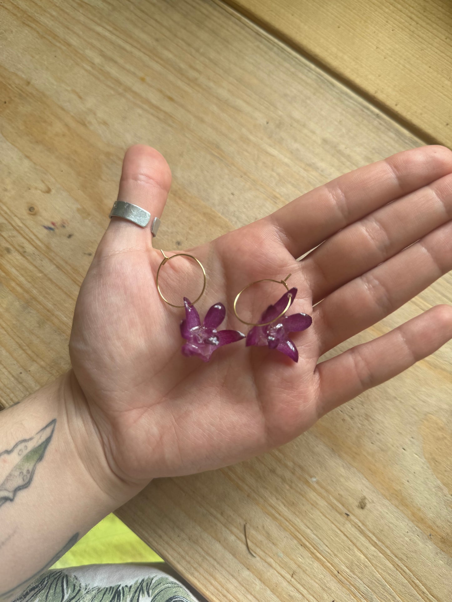 Real Mini Dendrobium Hoops – Handmade Orchid Earrings for Cottagecore Style