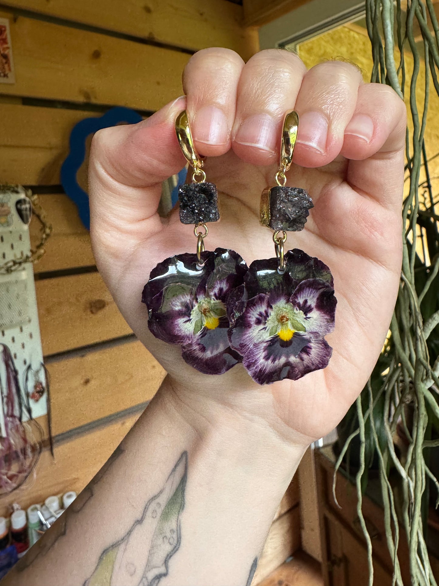 Goth pansy earrings