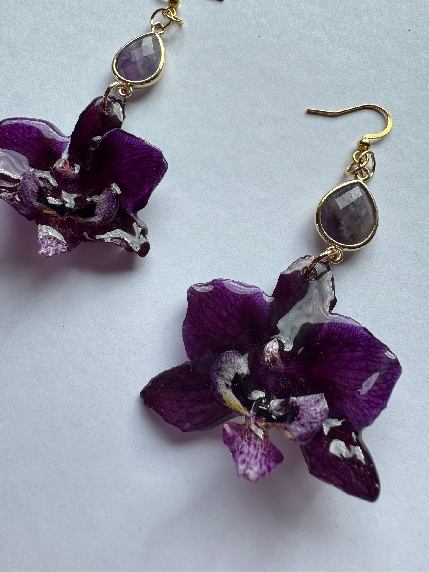 Dark purple orchid earrings with amethyst