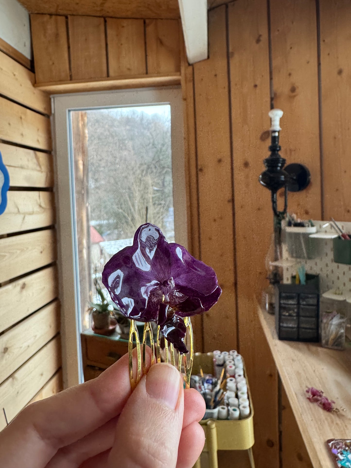 Real purple orchid hair comb
