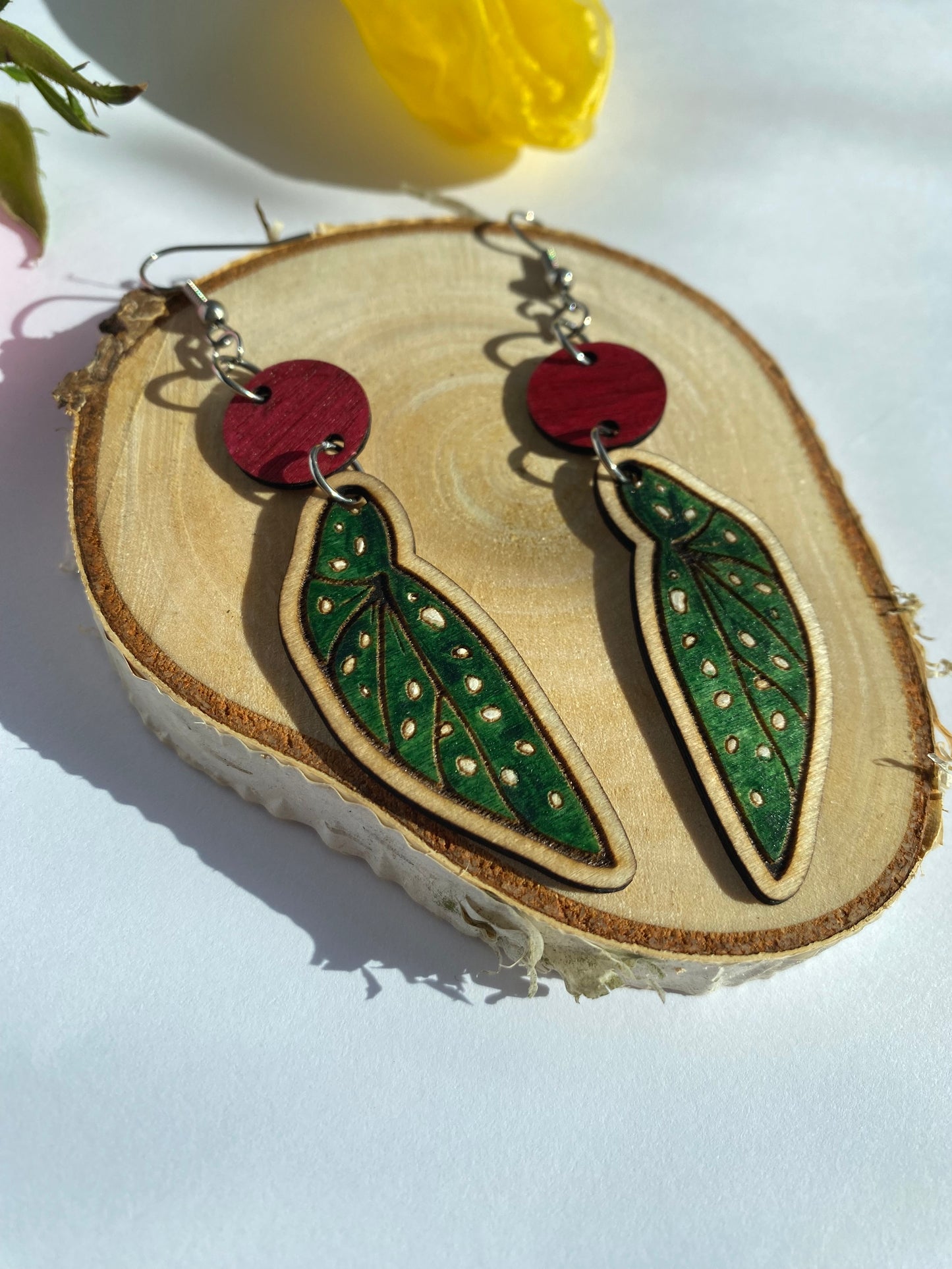 Begonia earrings Hand-painted on wood Polka dot plant jewelry