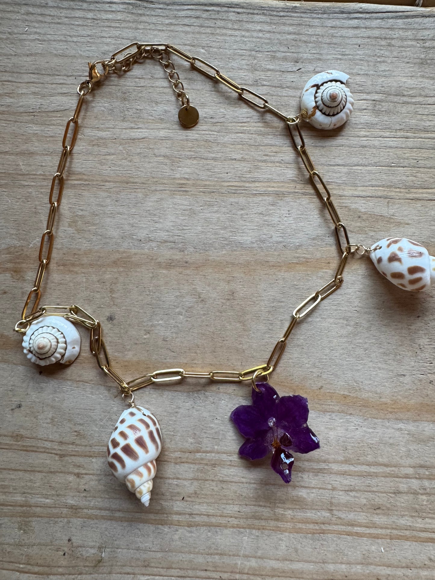 Orchid and shell charm necklace