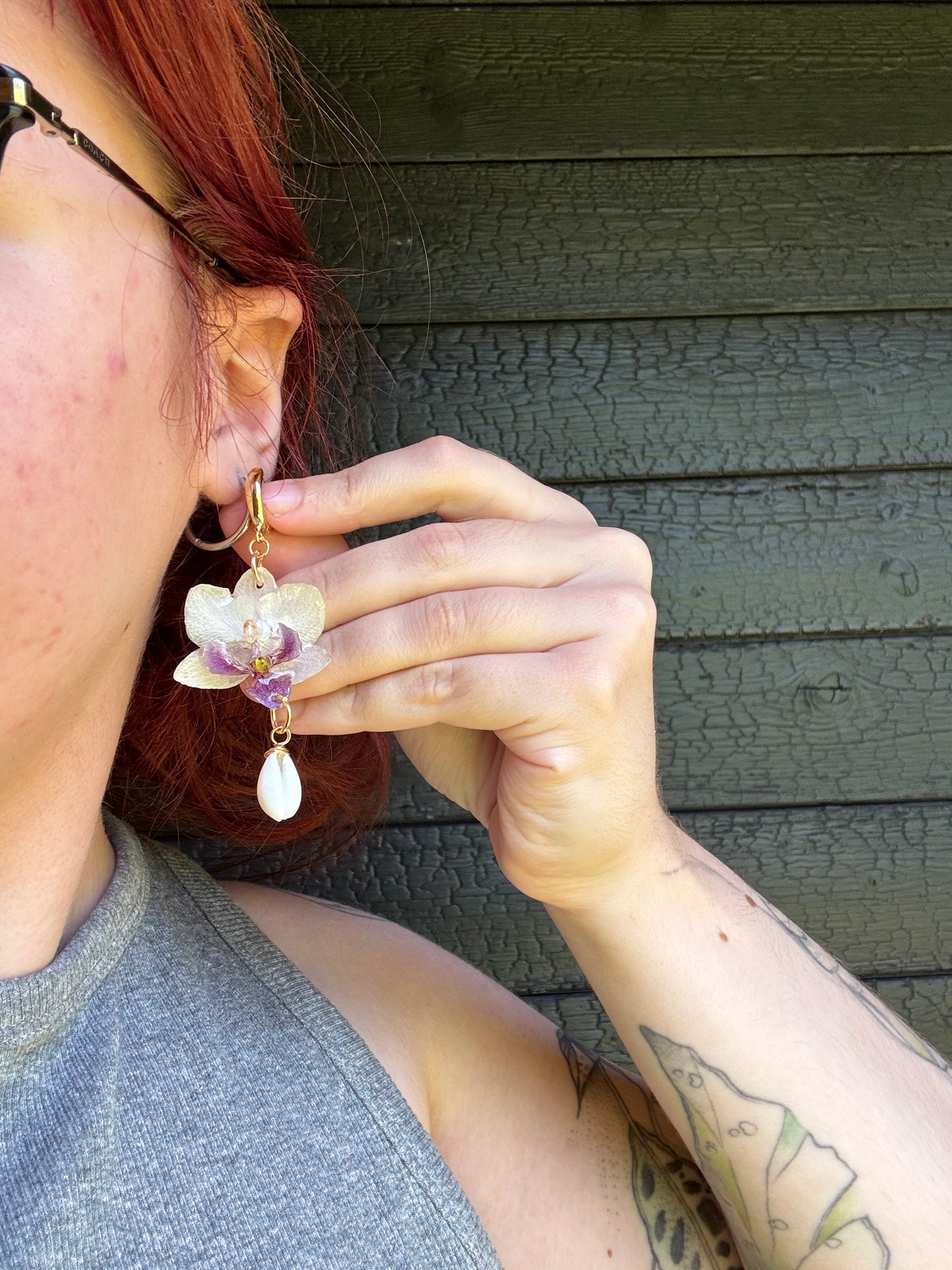 White Orchid and shell earrings