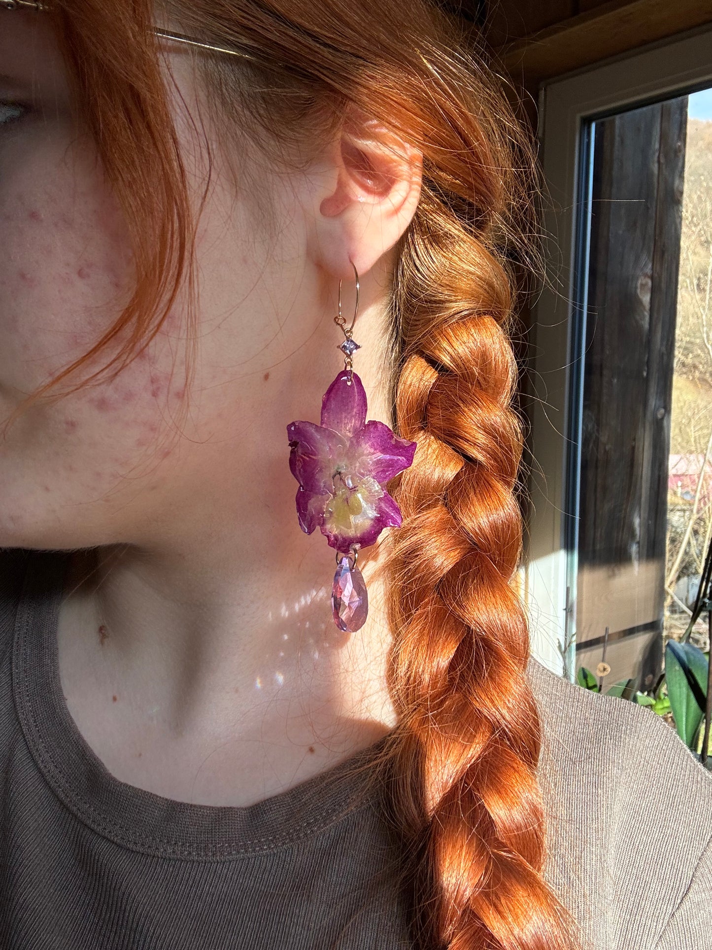 Purple dendrobium orchid earrings