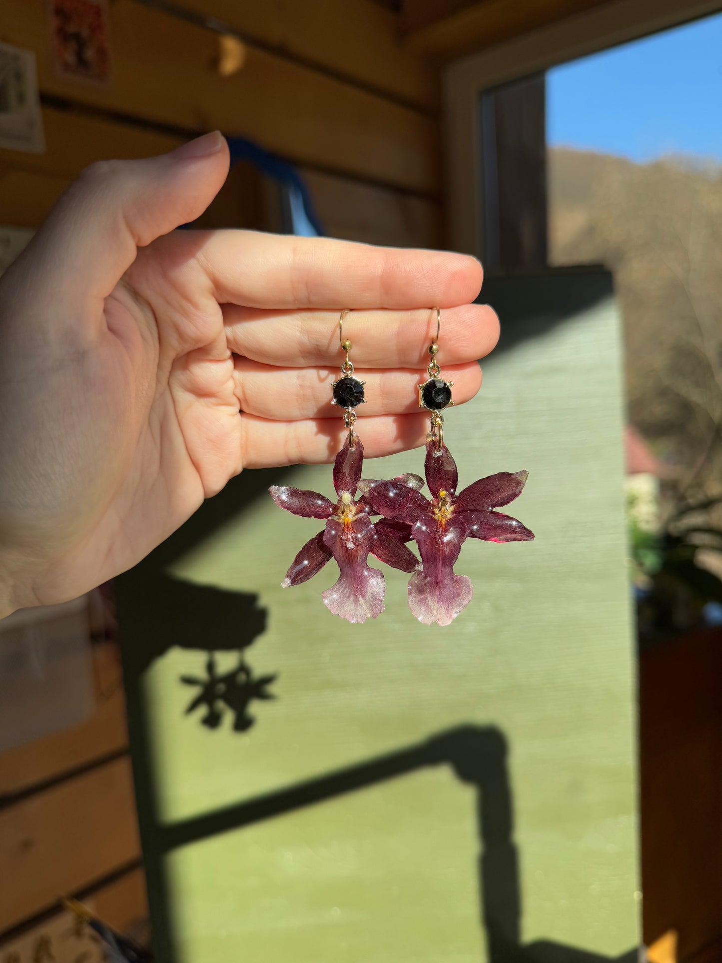 burgundy orchid earrings