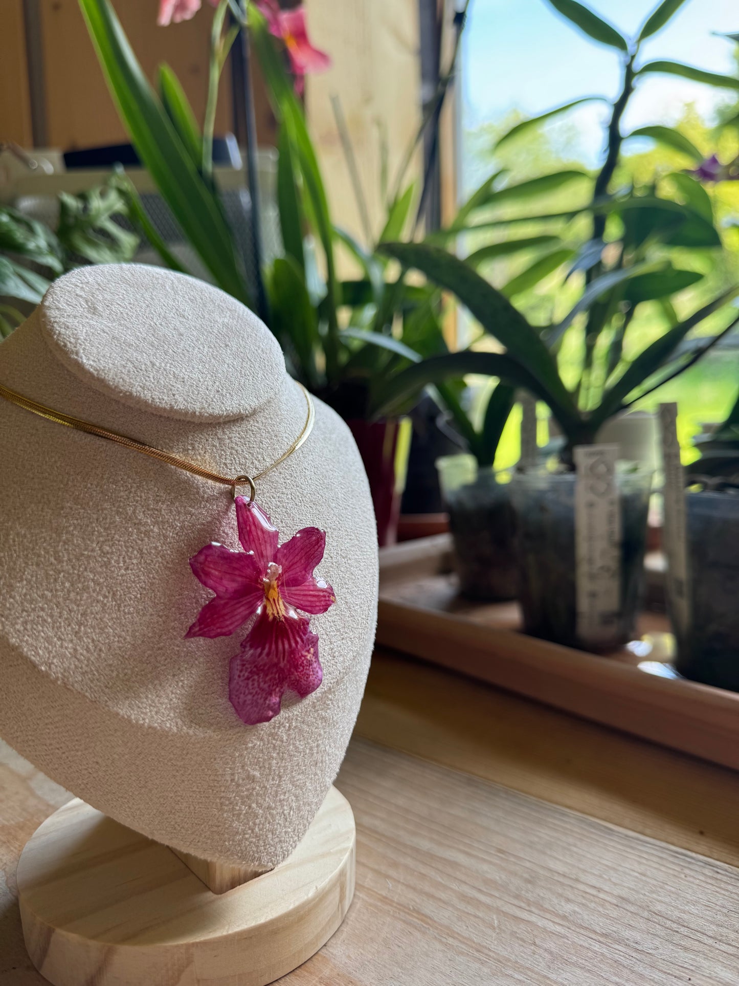 Pink orchid necklace