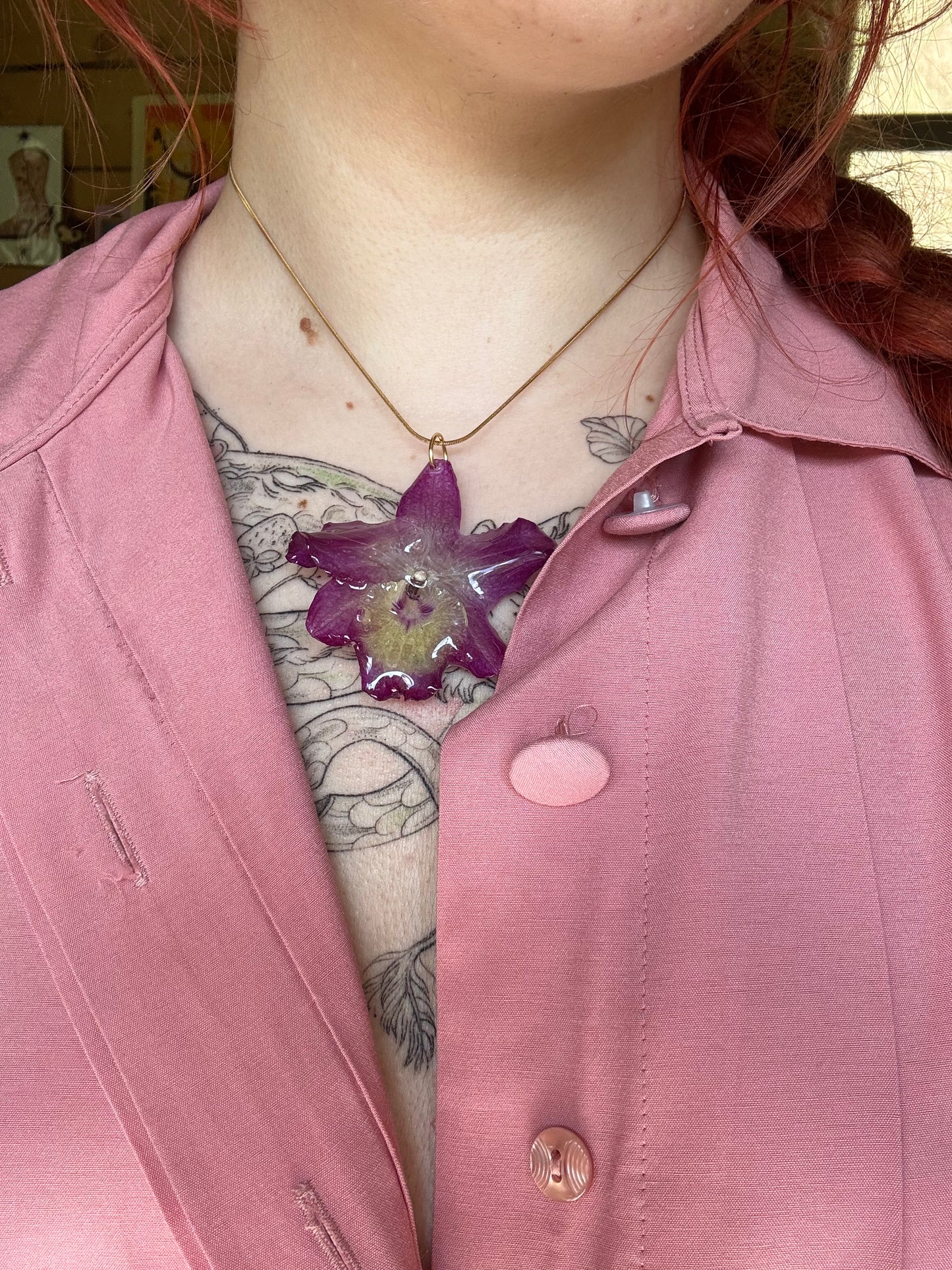 Purple dendrobium orchid necklace