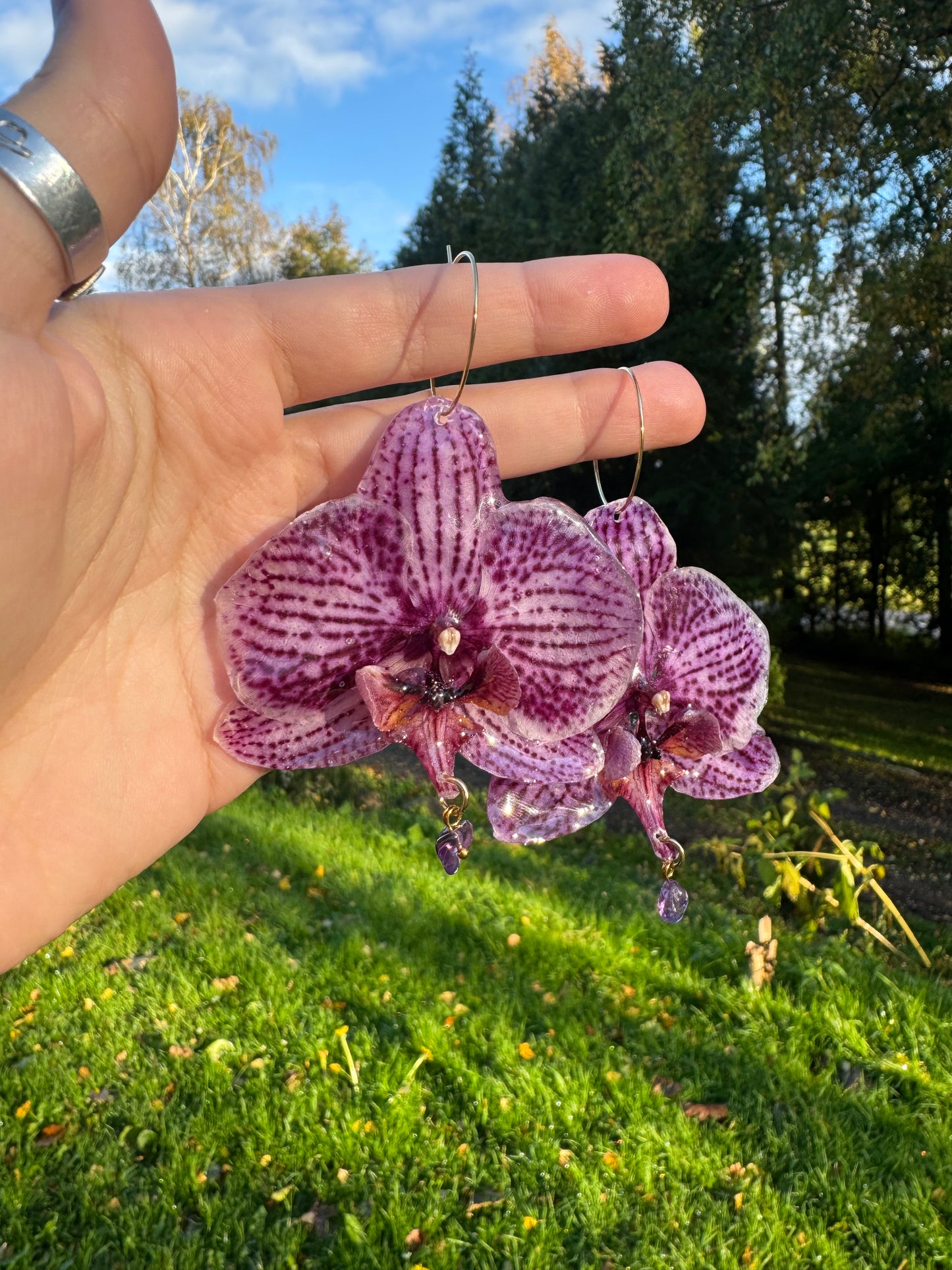 Real Purple Orchid Earrings with Amethyst – Handmade Botanical Jewelry, Fairycore Orchid Flower Earrings