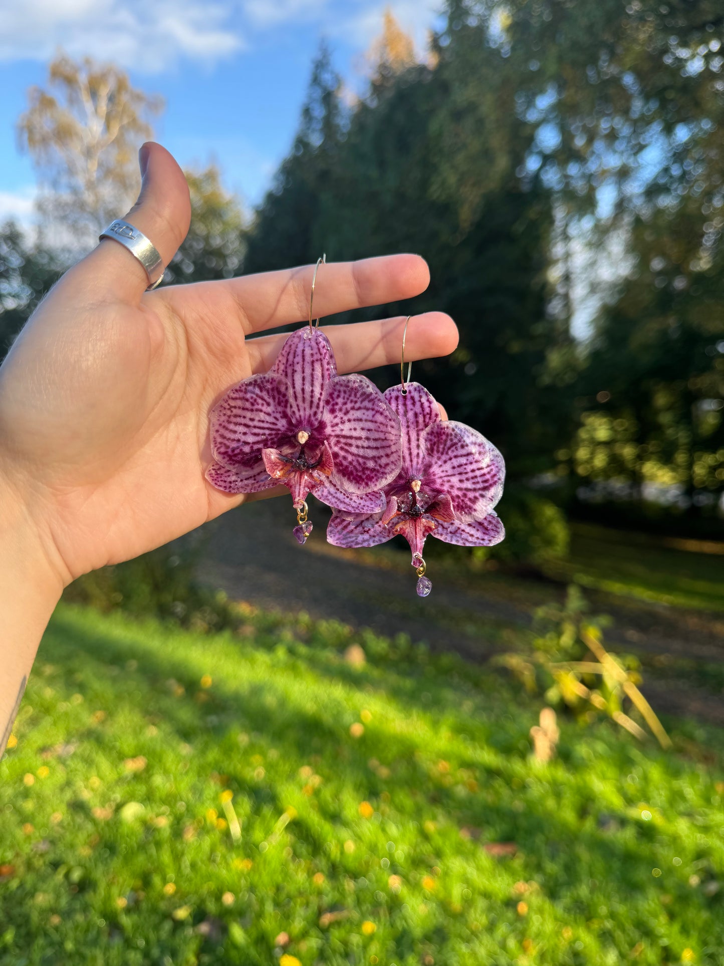Real Purple Orchid Earrings with Amethyst – Handmade Botanical Jewelry, Fairycore Orchid Flower Earrings