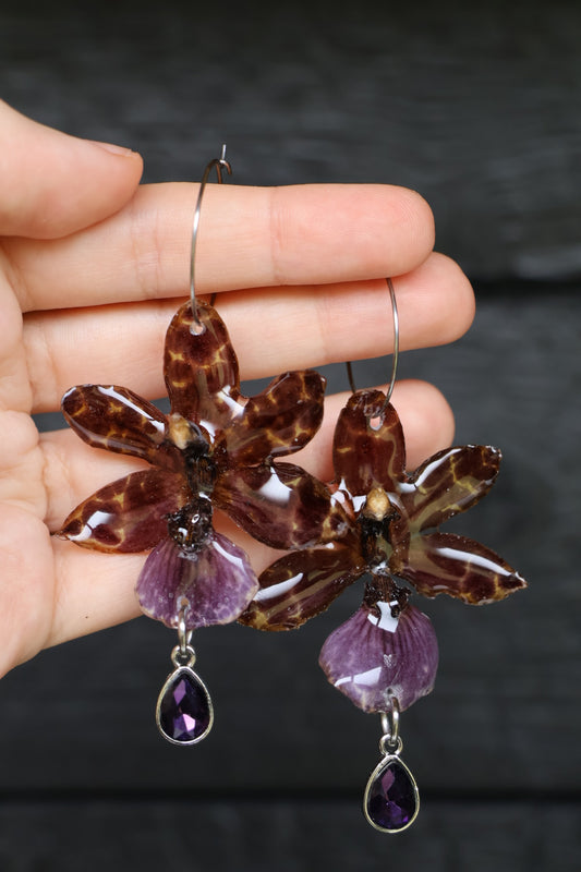 Zygopetalum Orchid Earrings • Real Flower Jewelry • Rare Botanical Earrings • Handmade Nature Hoops • Dark Cottagecore Gift • Orchid Art