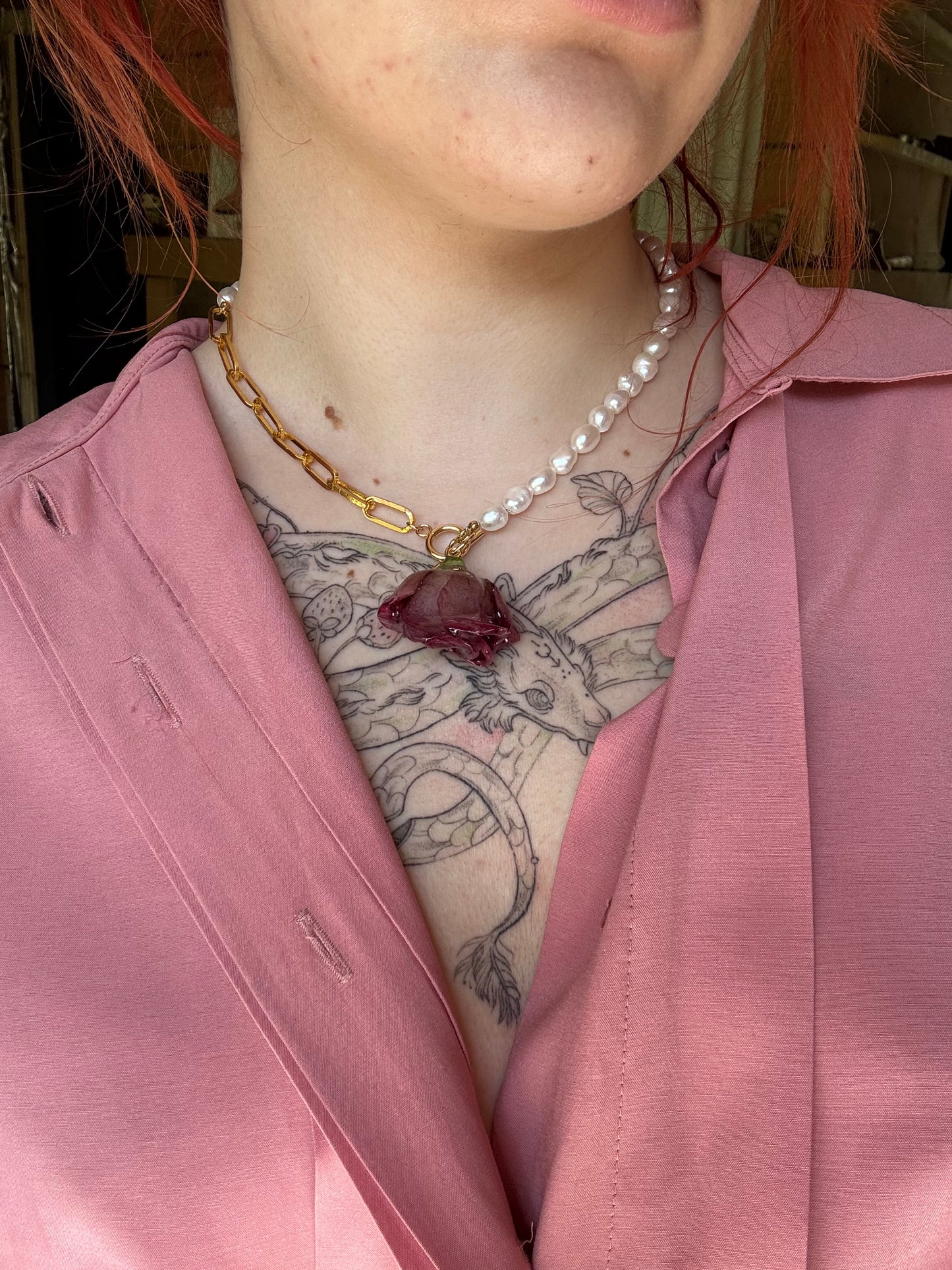 Real rose pearl necklace