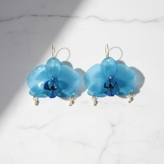 Blue orchid earrings with pearls SYLLIA