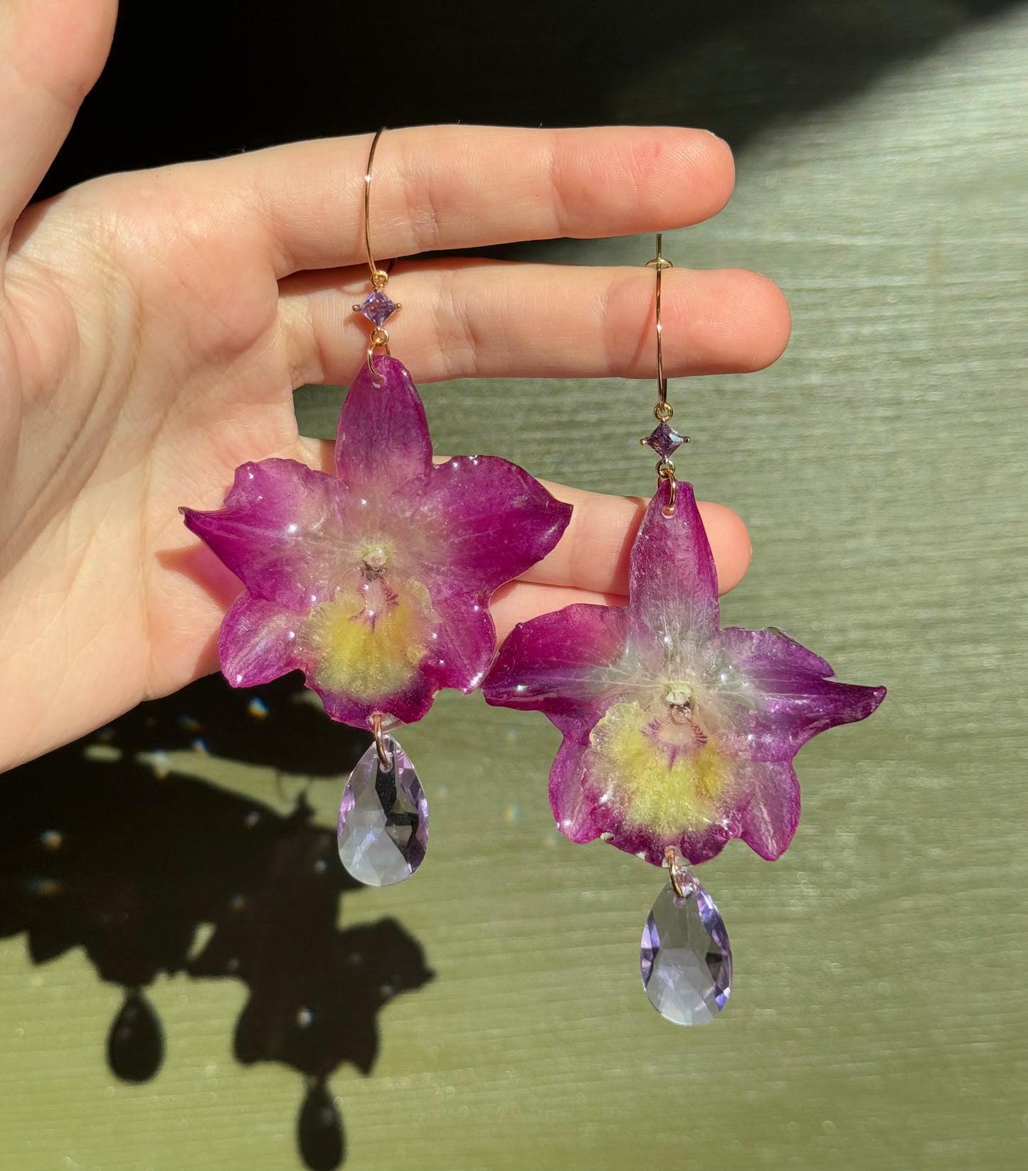 Purple dendrobium orchid earrings