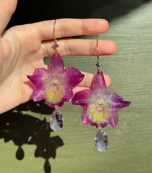 Purple dendrobium orchid earrings