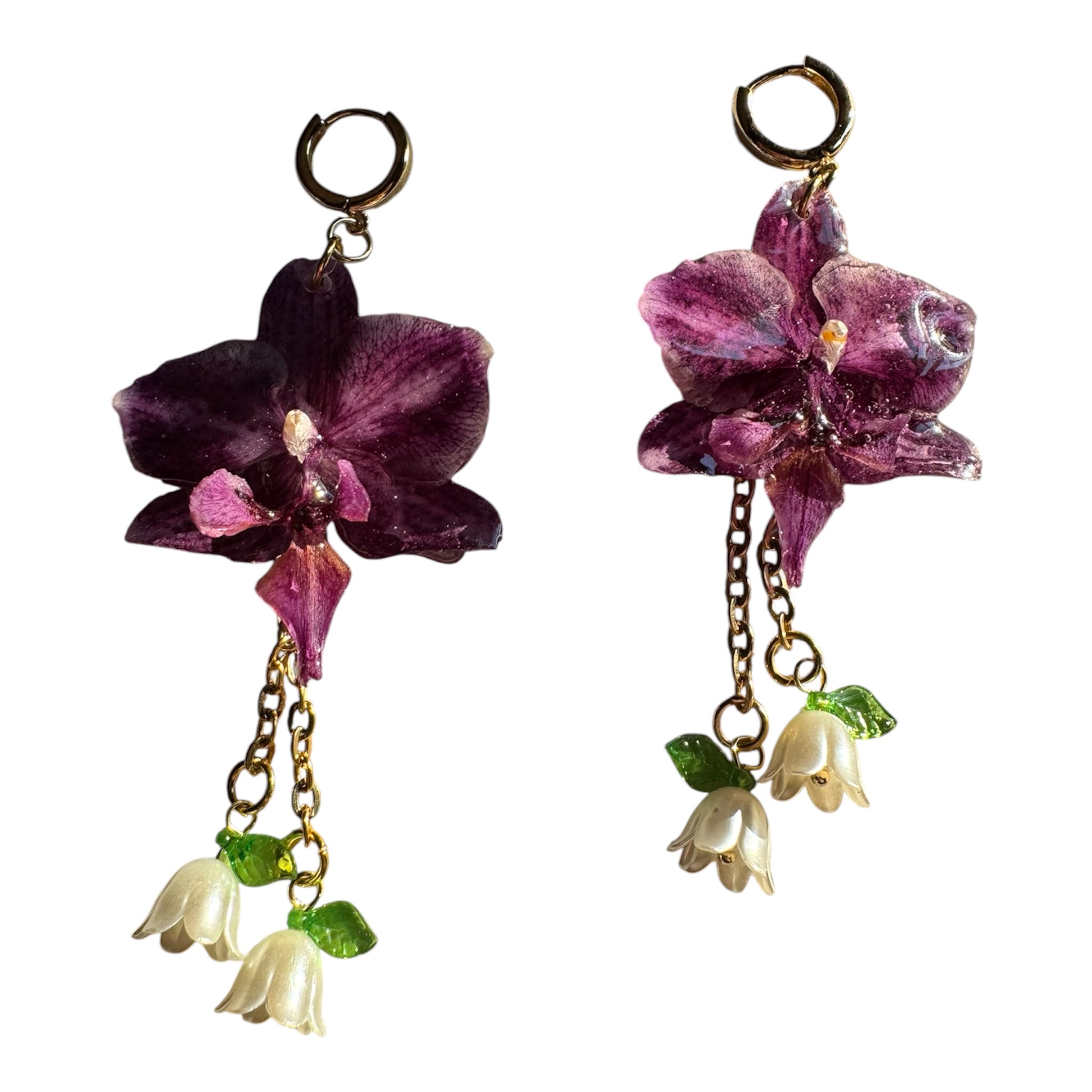 Purple orchid and lily of the valley earrings SYLLIA