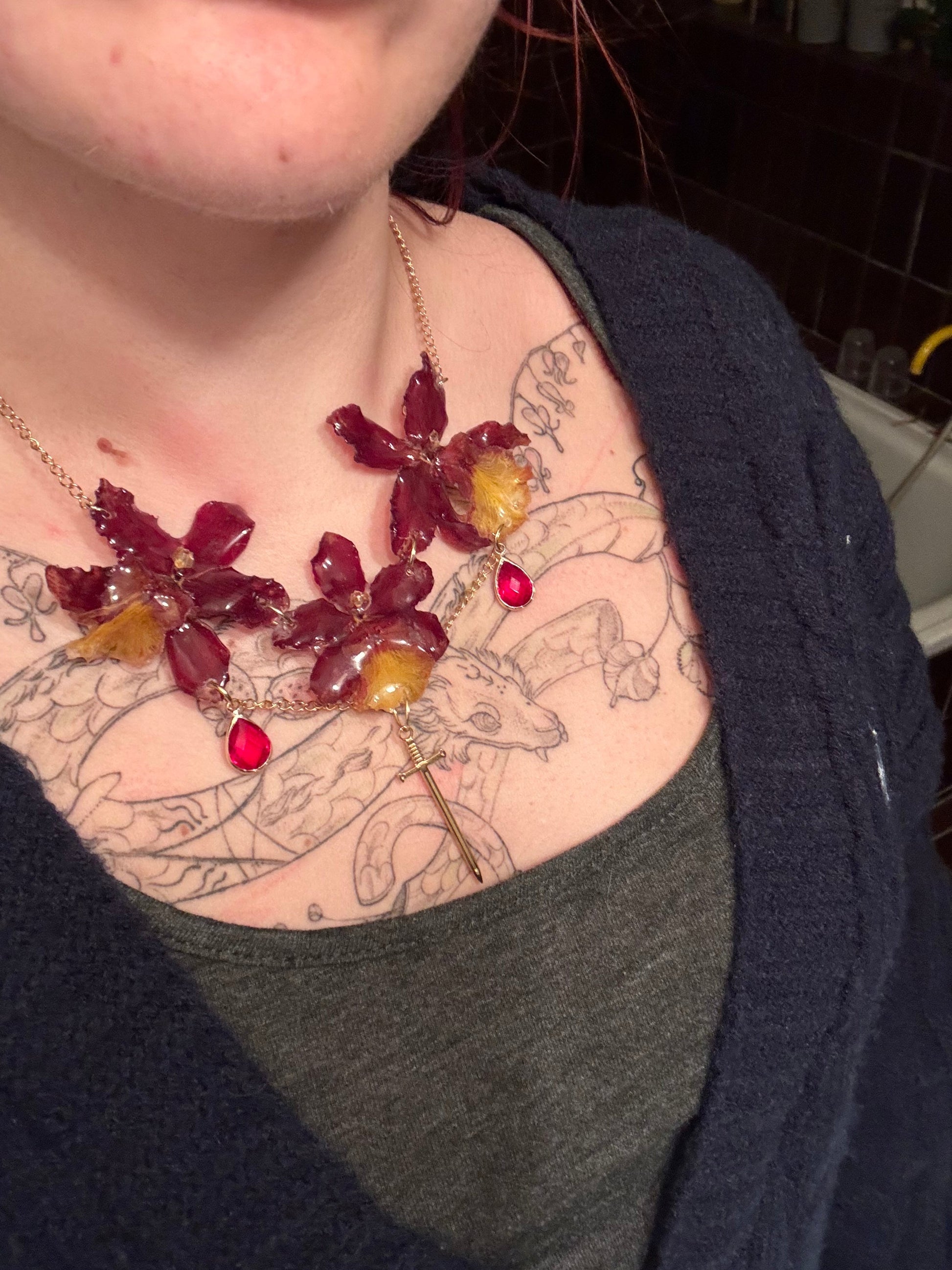 Red fantasy orchid necklace SYLLIA
