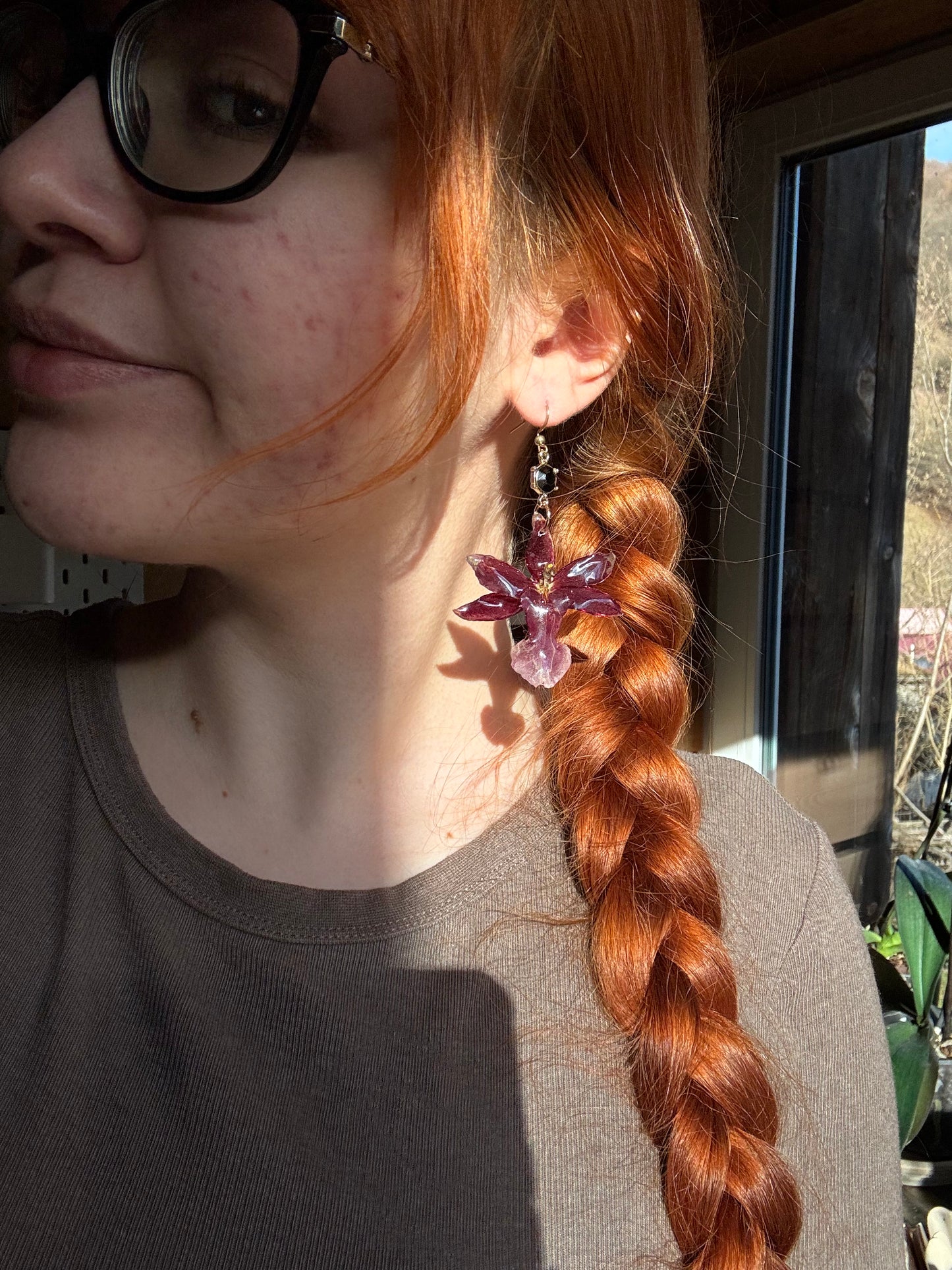 burgundy orchid earrings