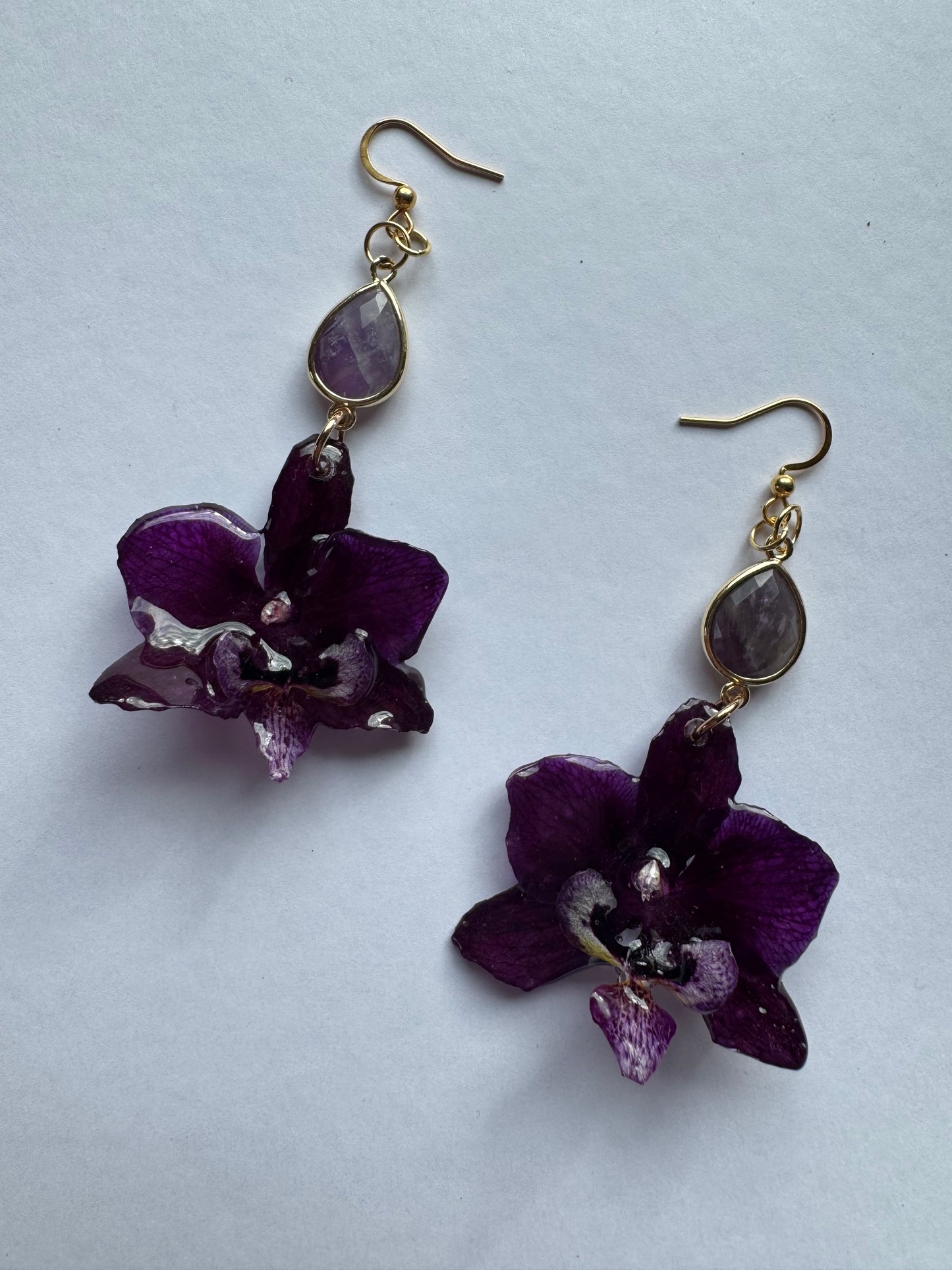 Dark purple orchid earrings with amethyst