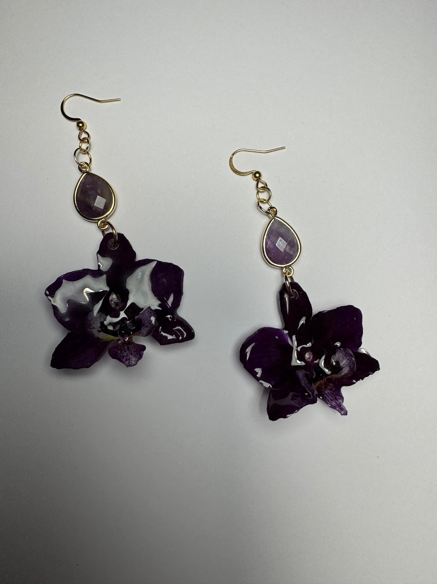 Dark purple orchid earrings with amethyst