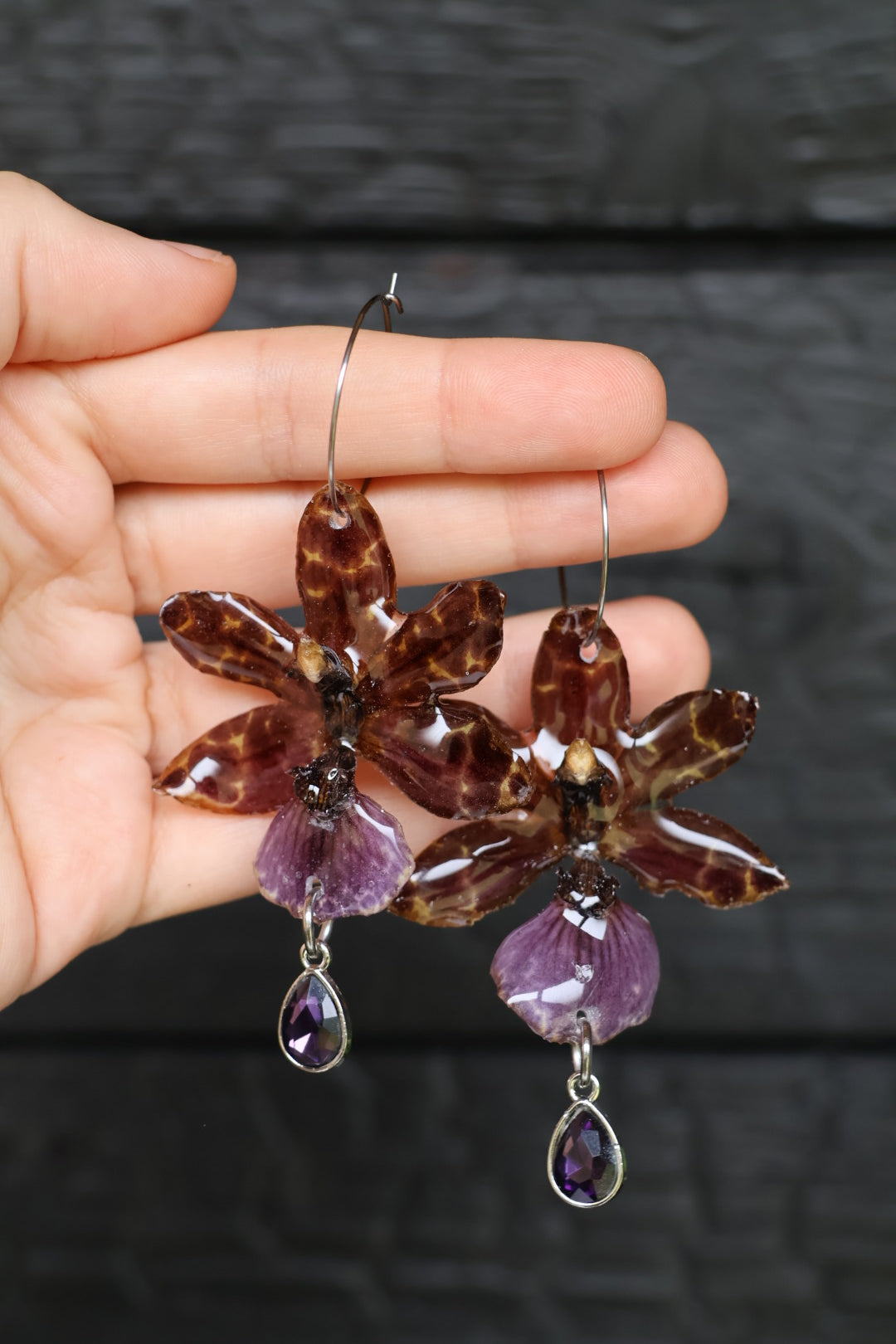 Zygopetalum Orchid Earrings • Real Flower Jewelry • Rare Botanical Earrings • Handmade Nature Hoops • Dark Cottagecore Gift • Orchid Art