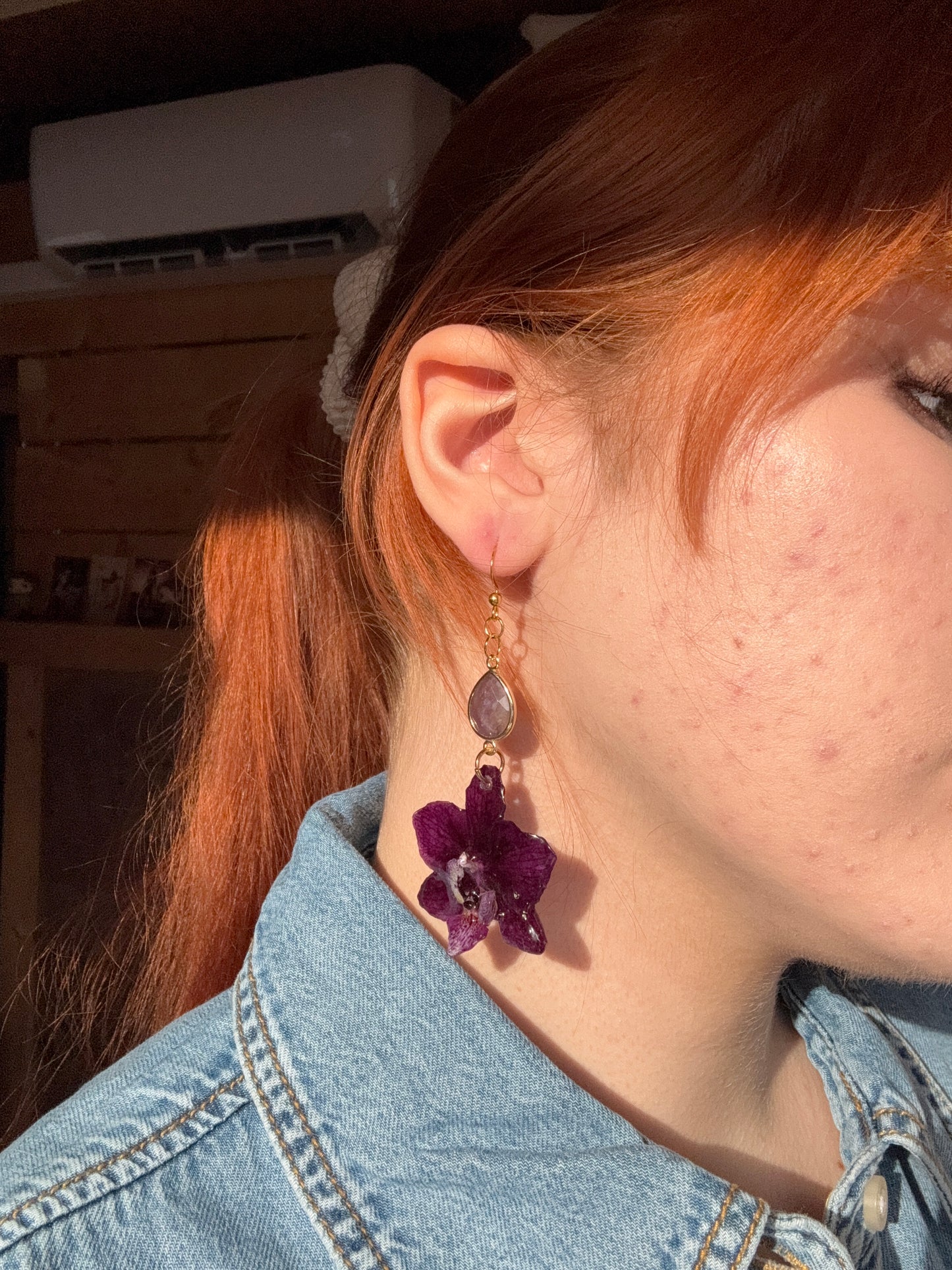 Dark purple orchid earrings with amethyst