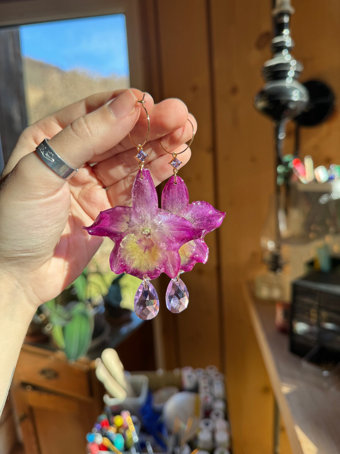 Purple dendrobium orchid earrings