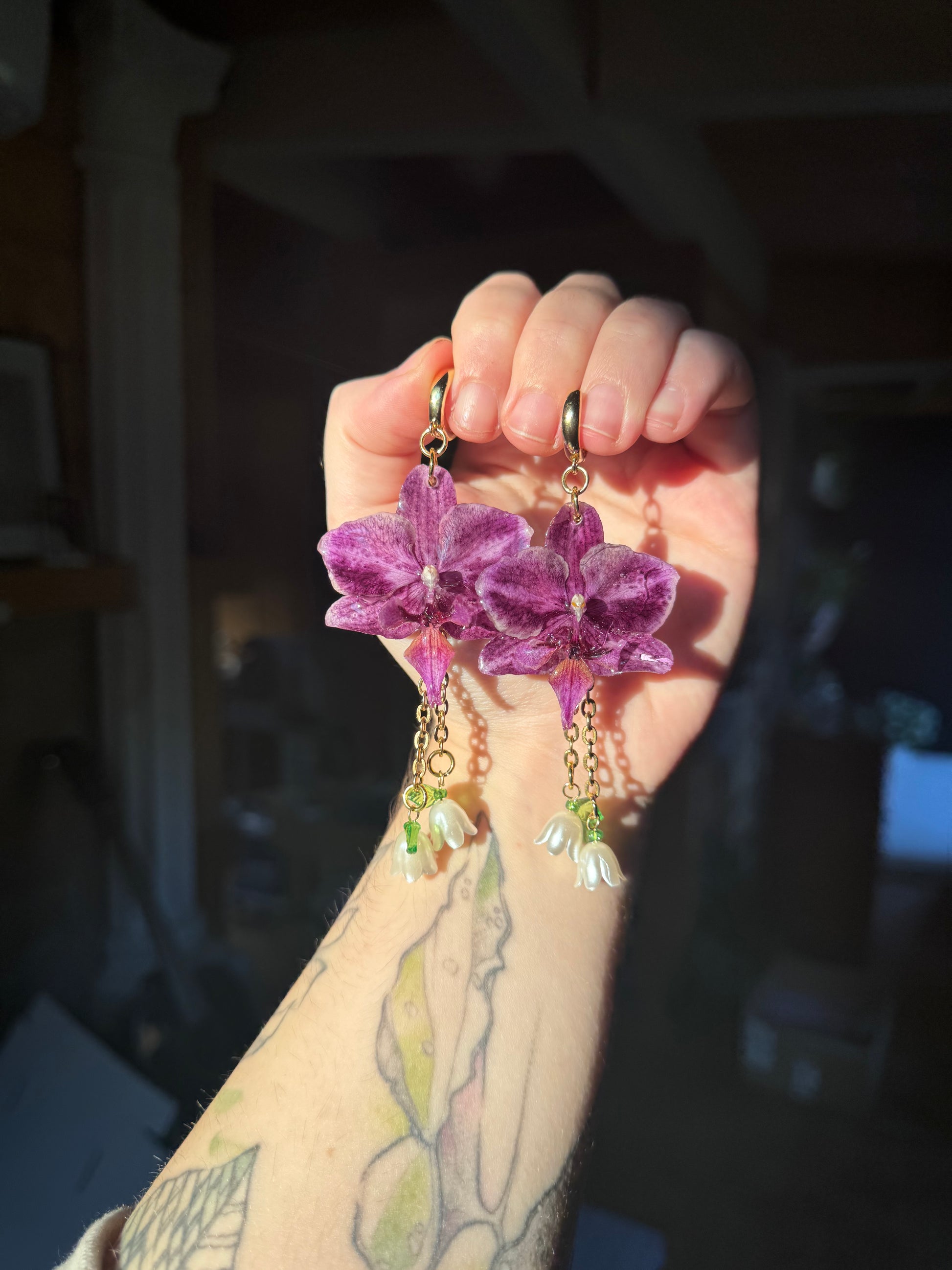 Purple orchid and lily of the valley earrings SYLLIA