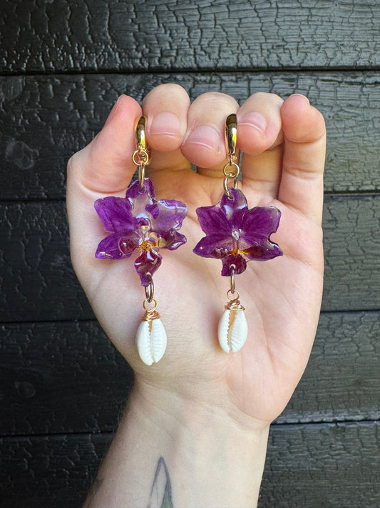 Orchid and shell earrings