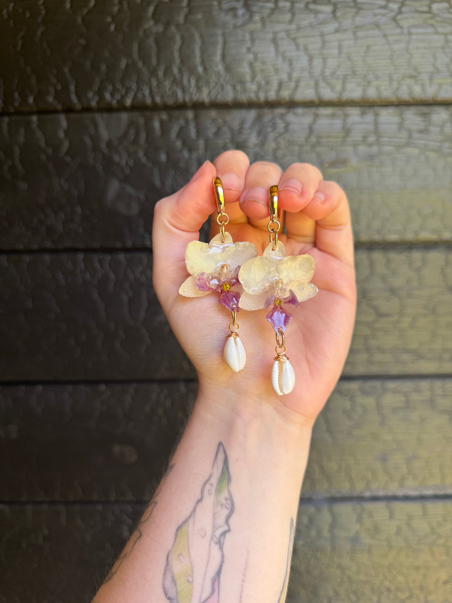 White Orchid and shell earrings