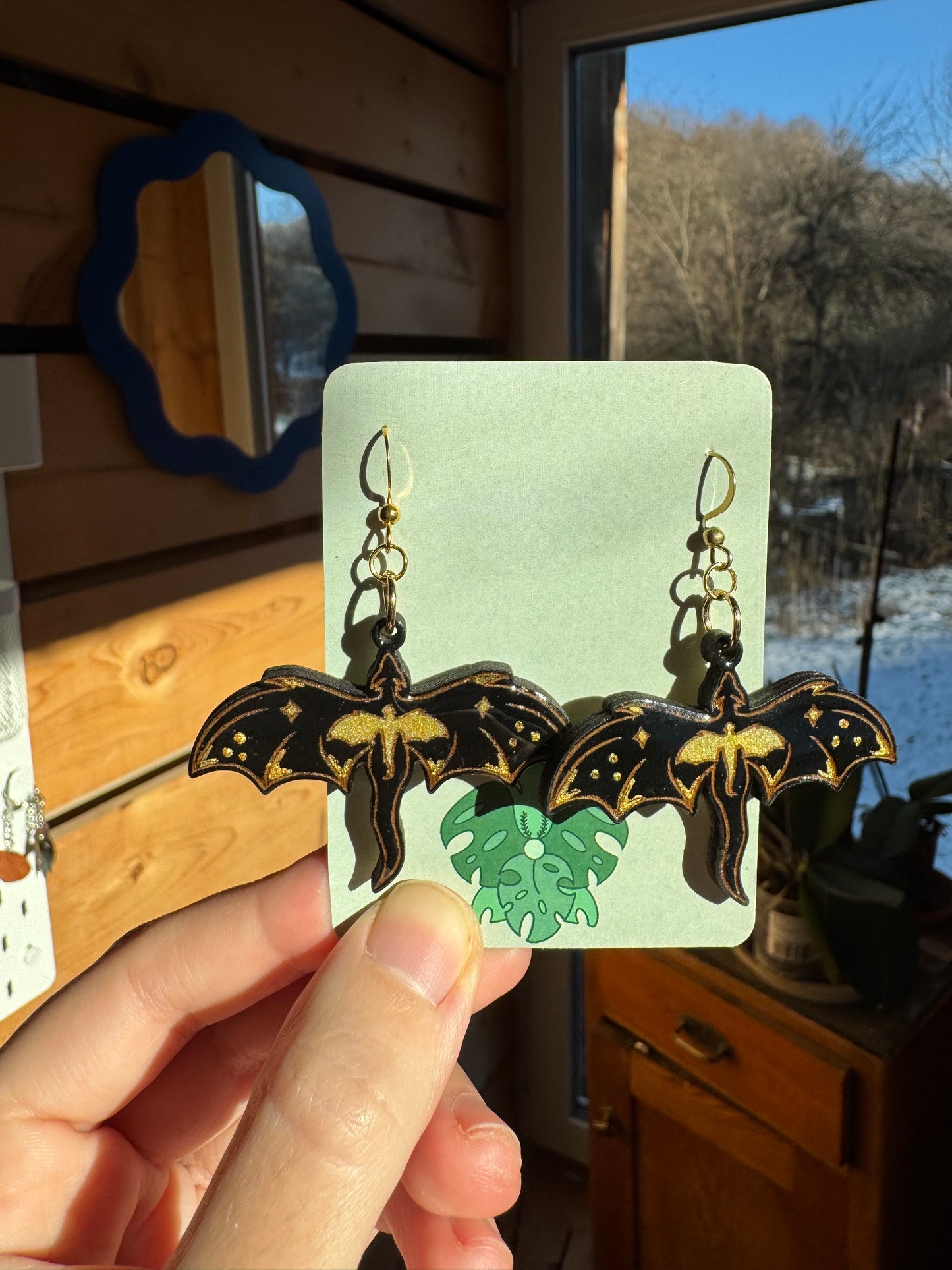 Golden dragon earrings Hand-painted wood Fantasy jewelry