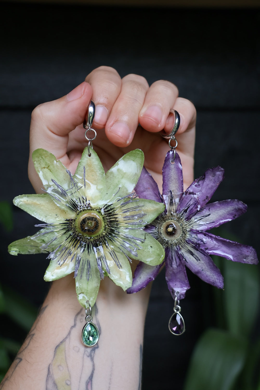 Passion flower mismatched earrings
