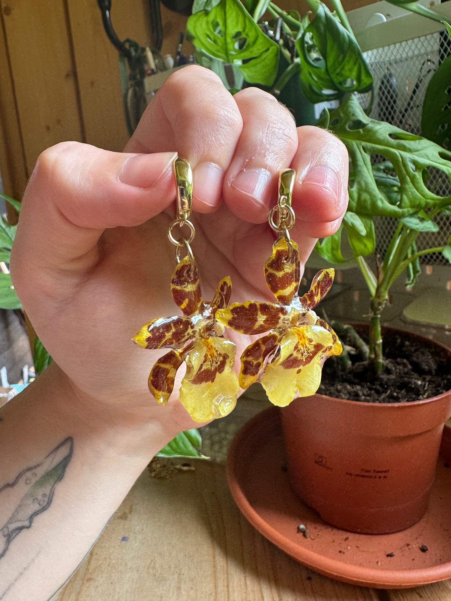 Dainty Yellow Orchid Huggies – Pressed Flower Earrings Gift for Her