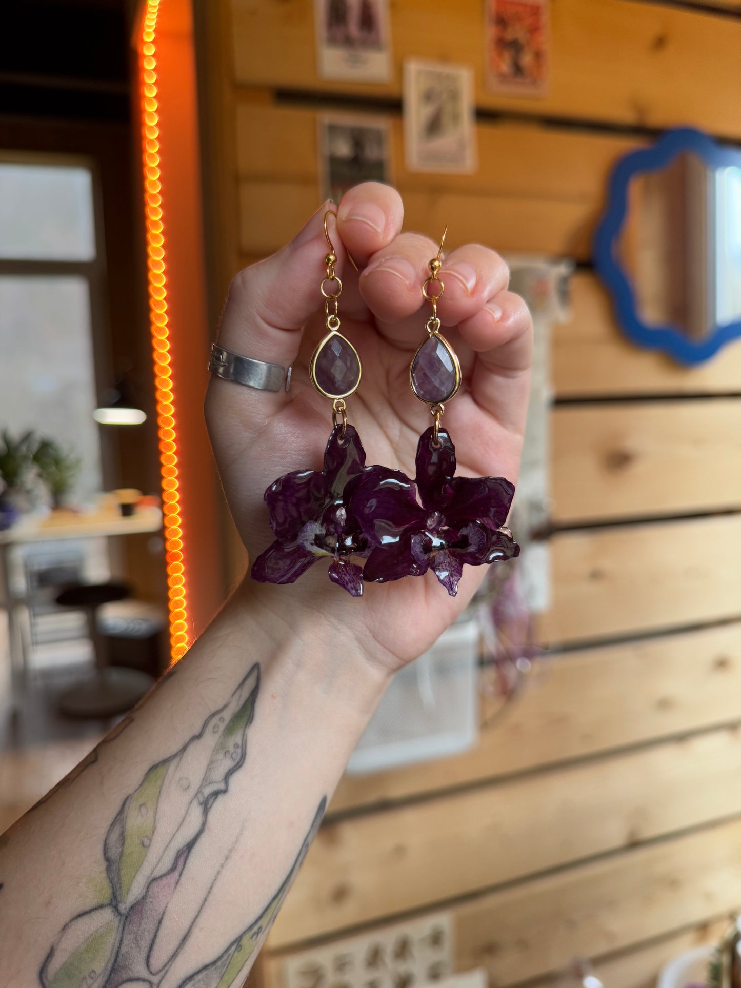 Dark purple orchid earrings with amethyst