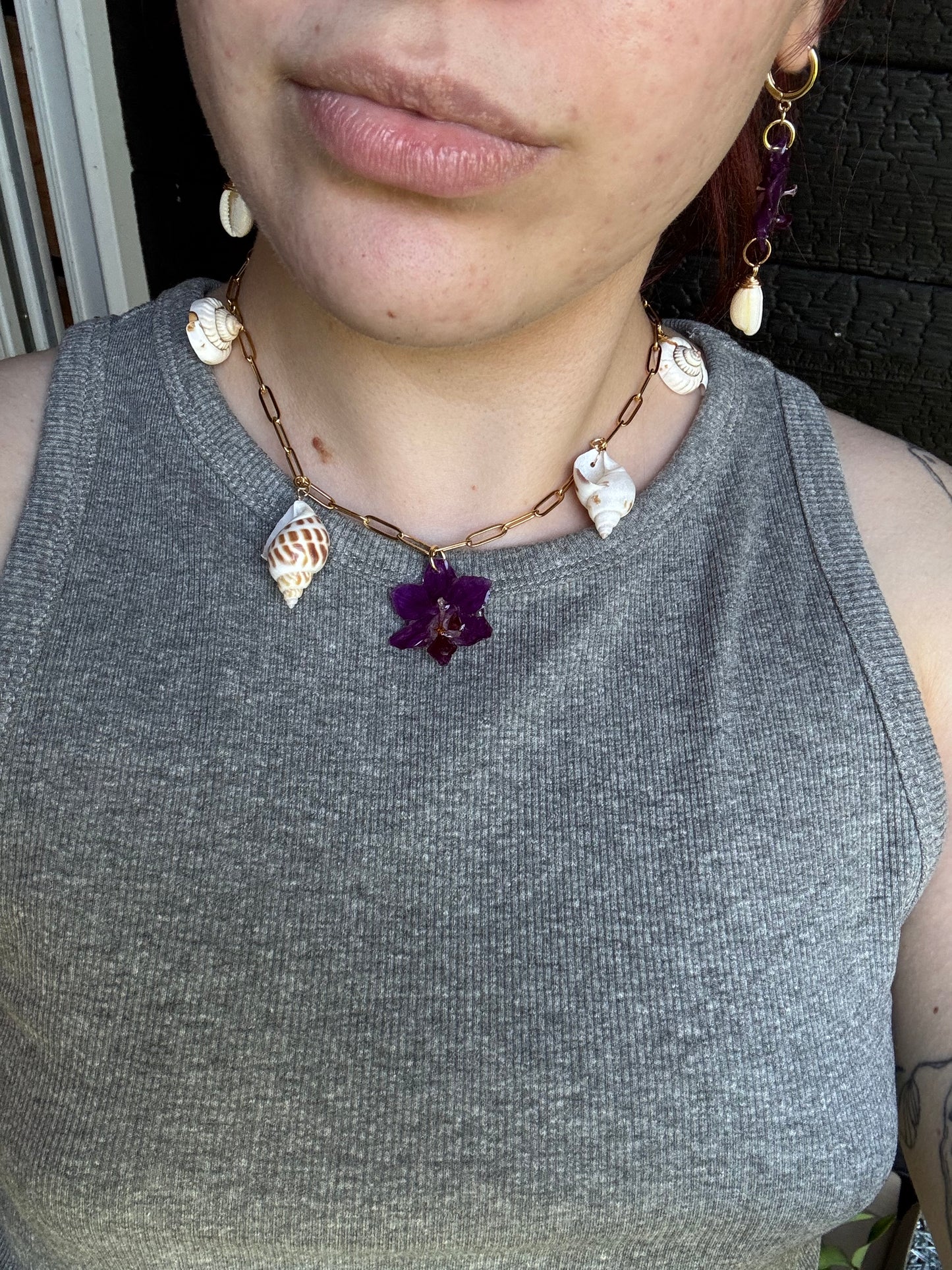 Orchid and shell charm necklace