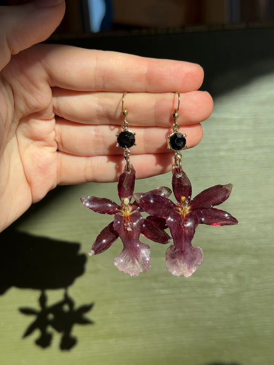 burgundy orchid earrings