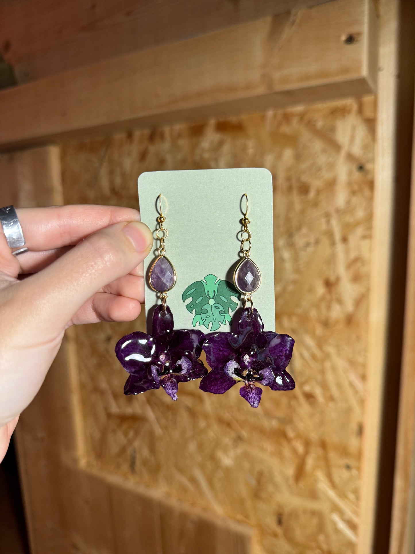 Dark purple orchid earrings with amethyst