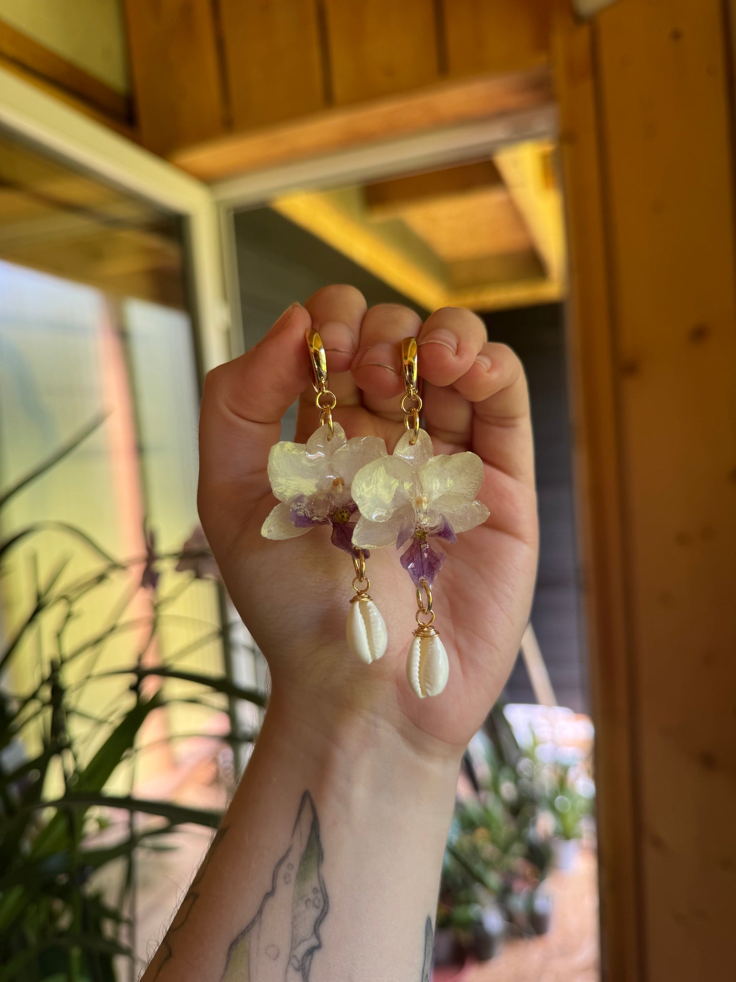 White Orchid and shell earrings