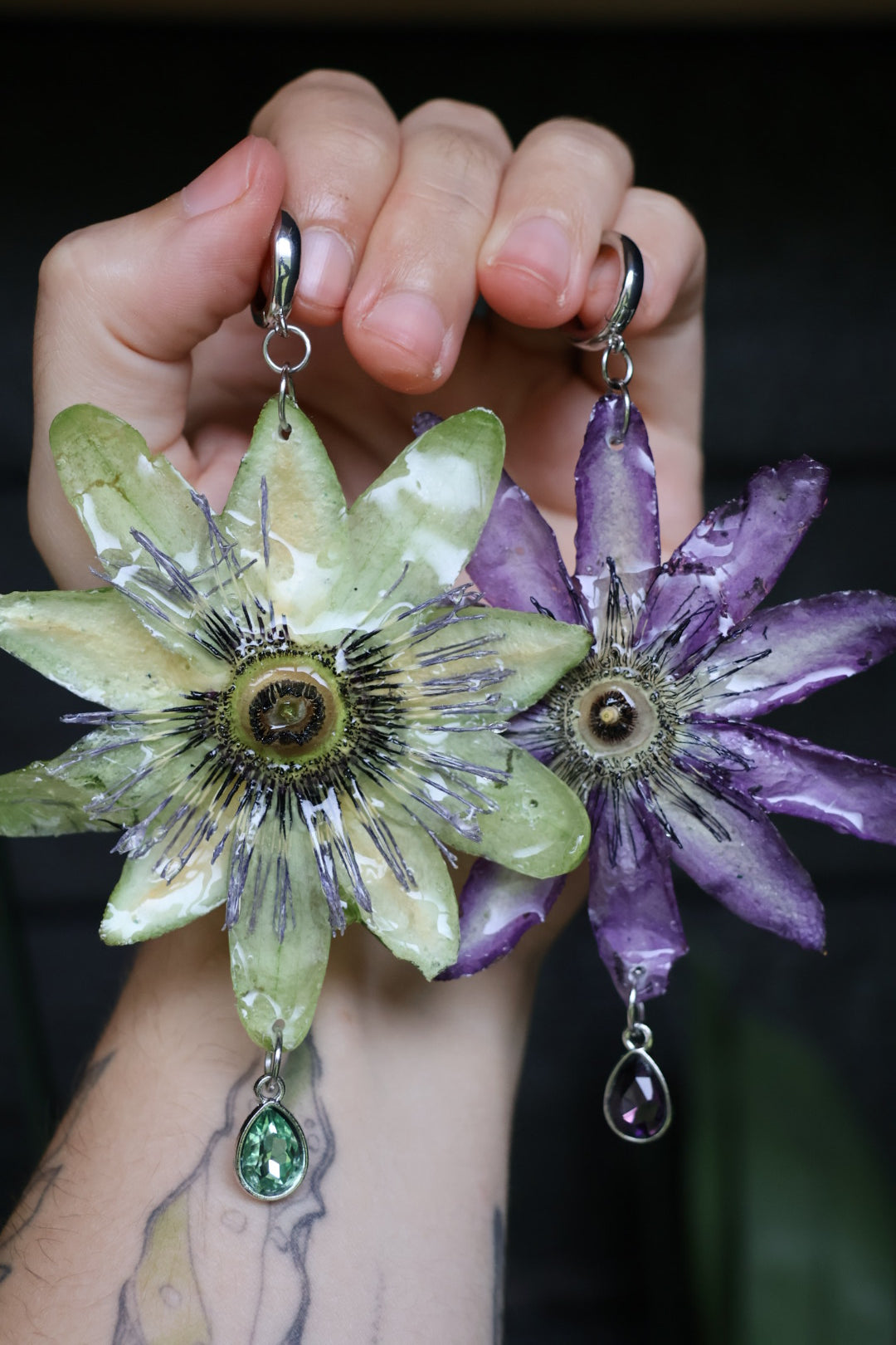 Passion flower mismatched earrings