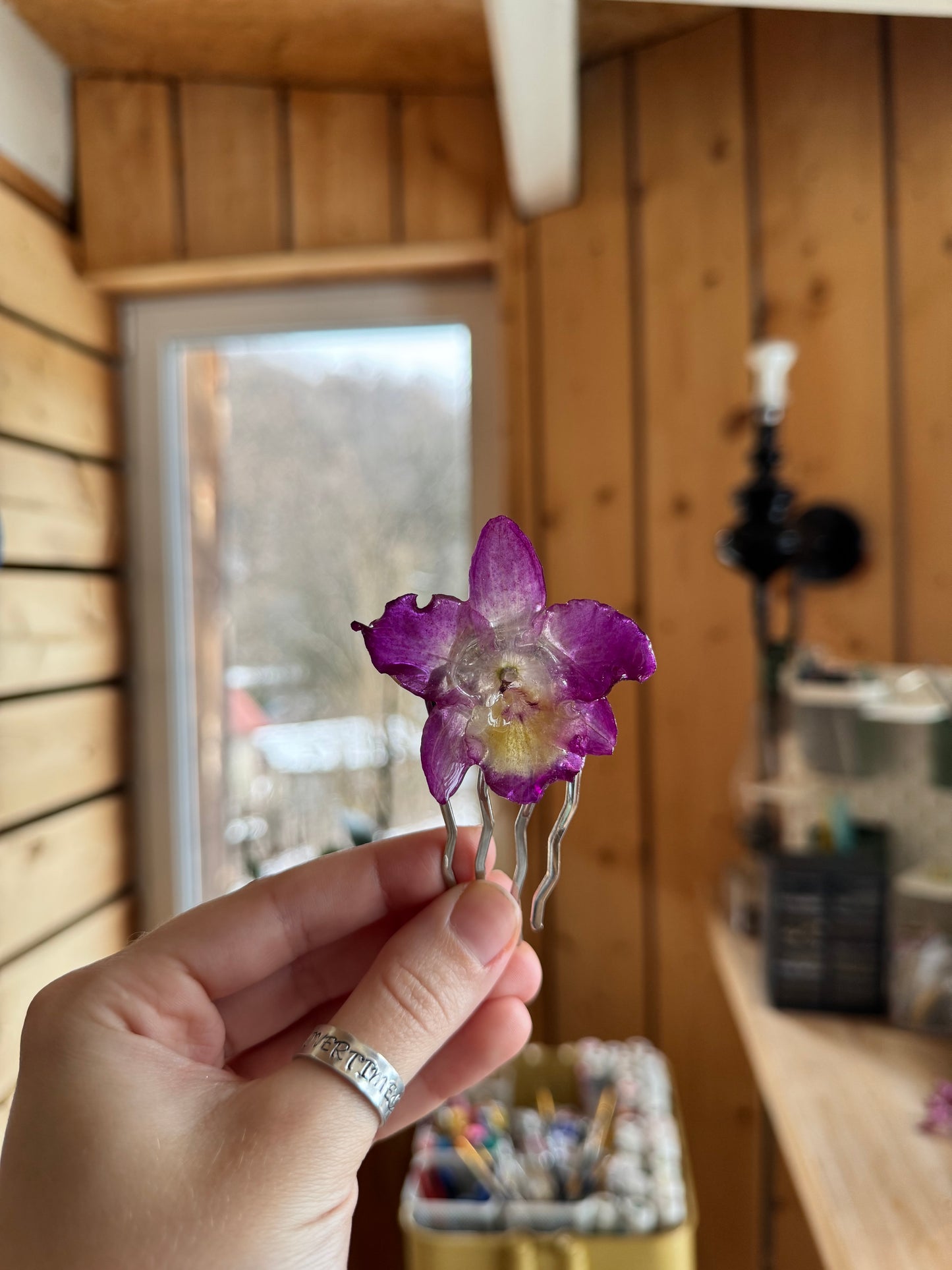 Real purple dendrobium orchid hair pin