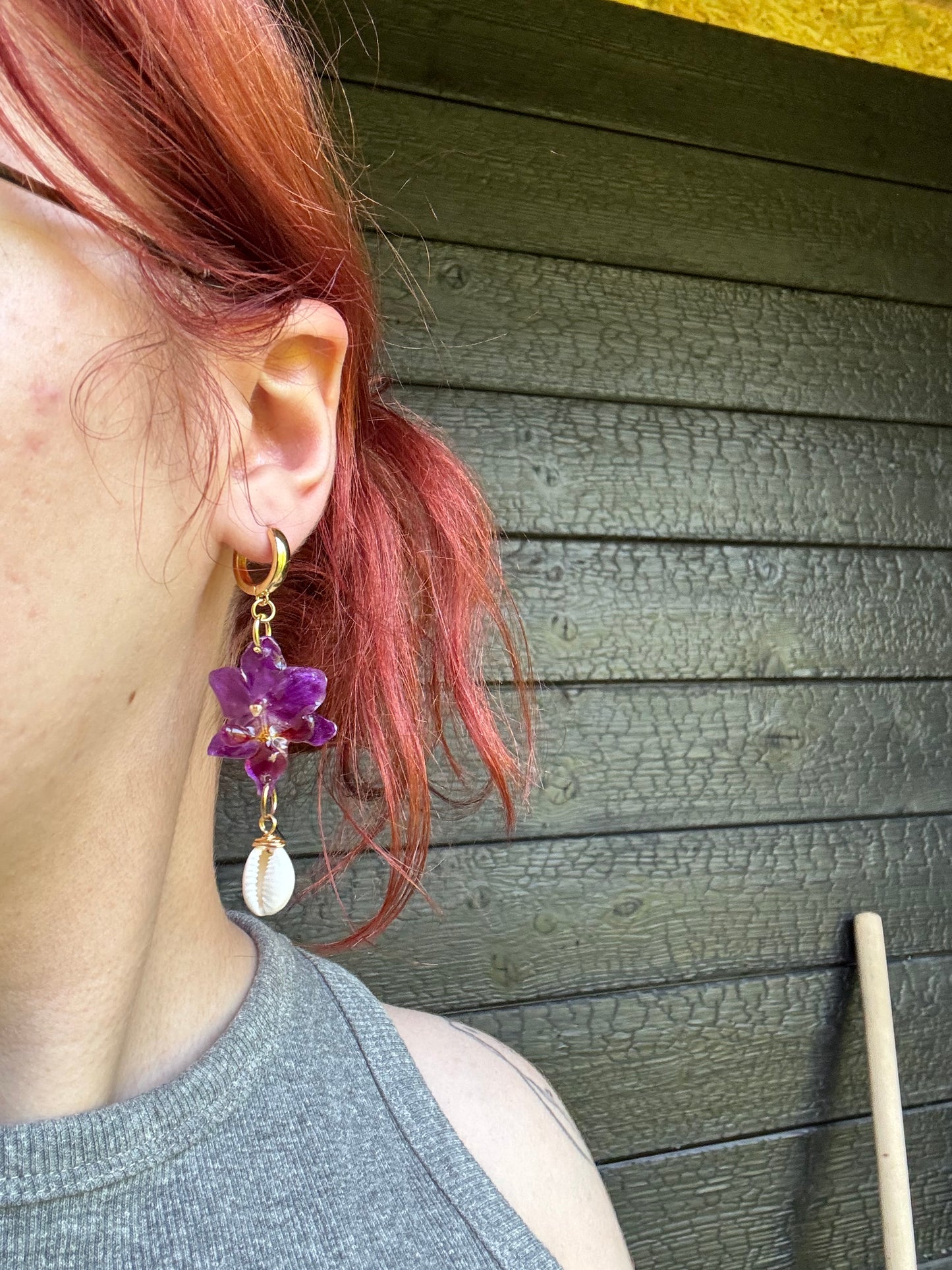 Orchid and shell earrings