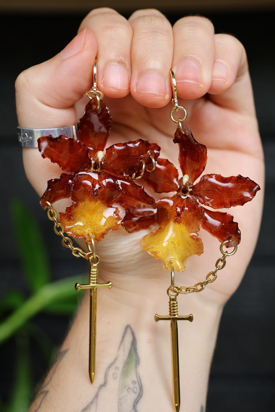 Red orchid and swords earrings
