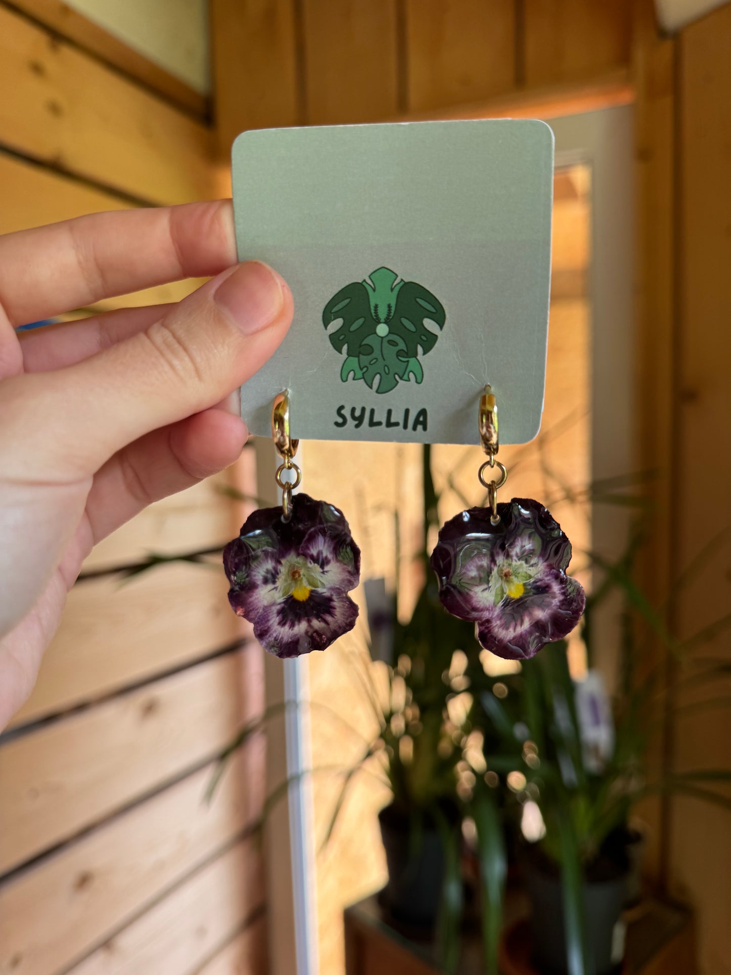 Goth pansy earrings