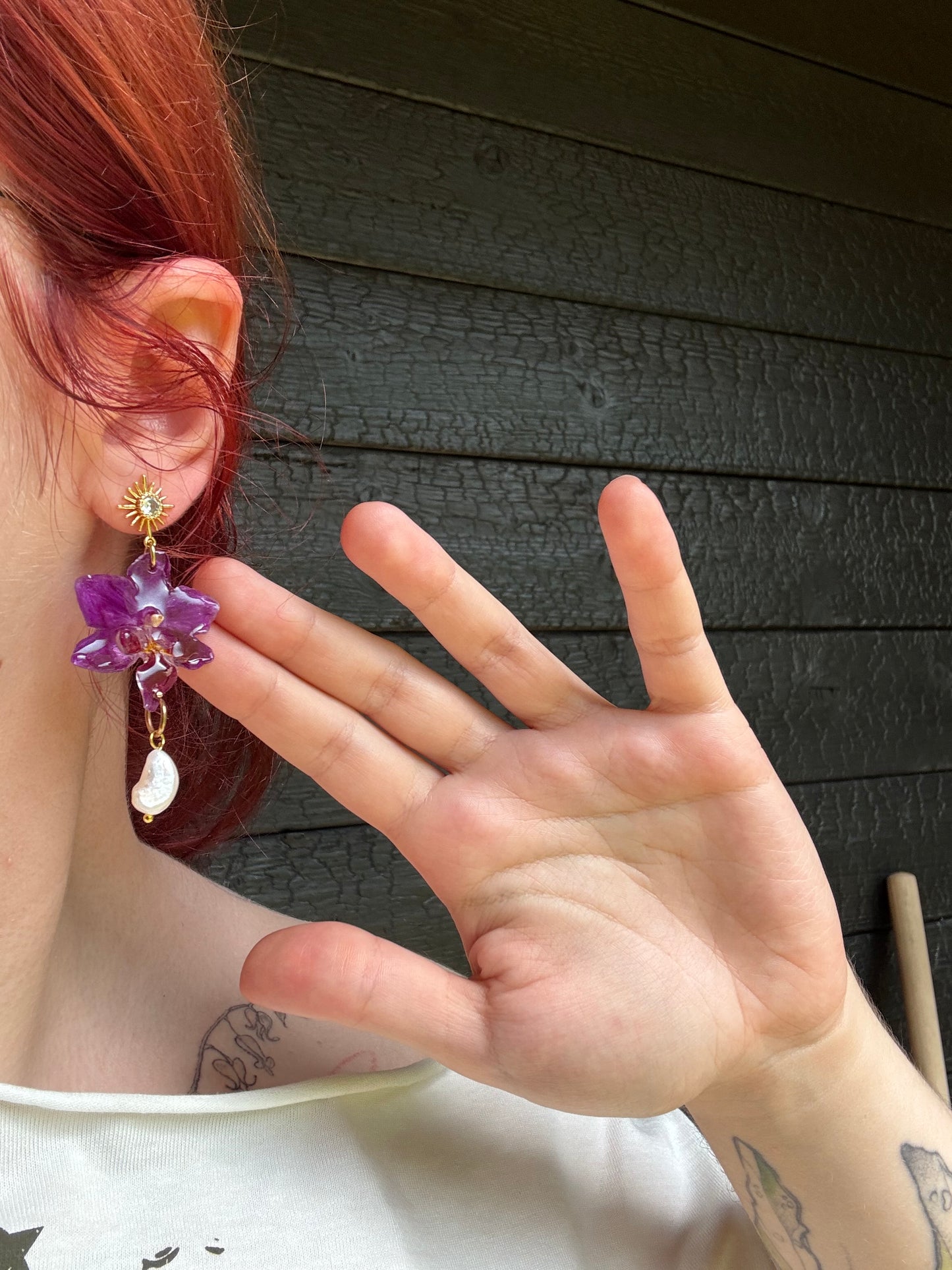 Mini purple orchid earrings