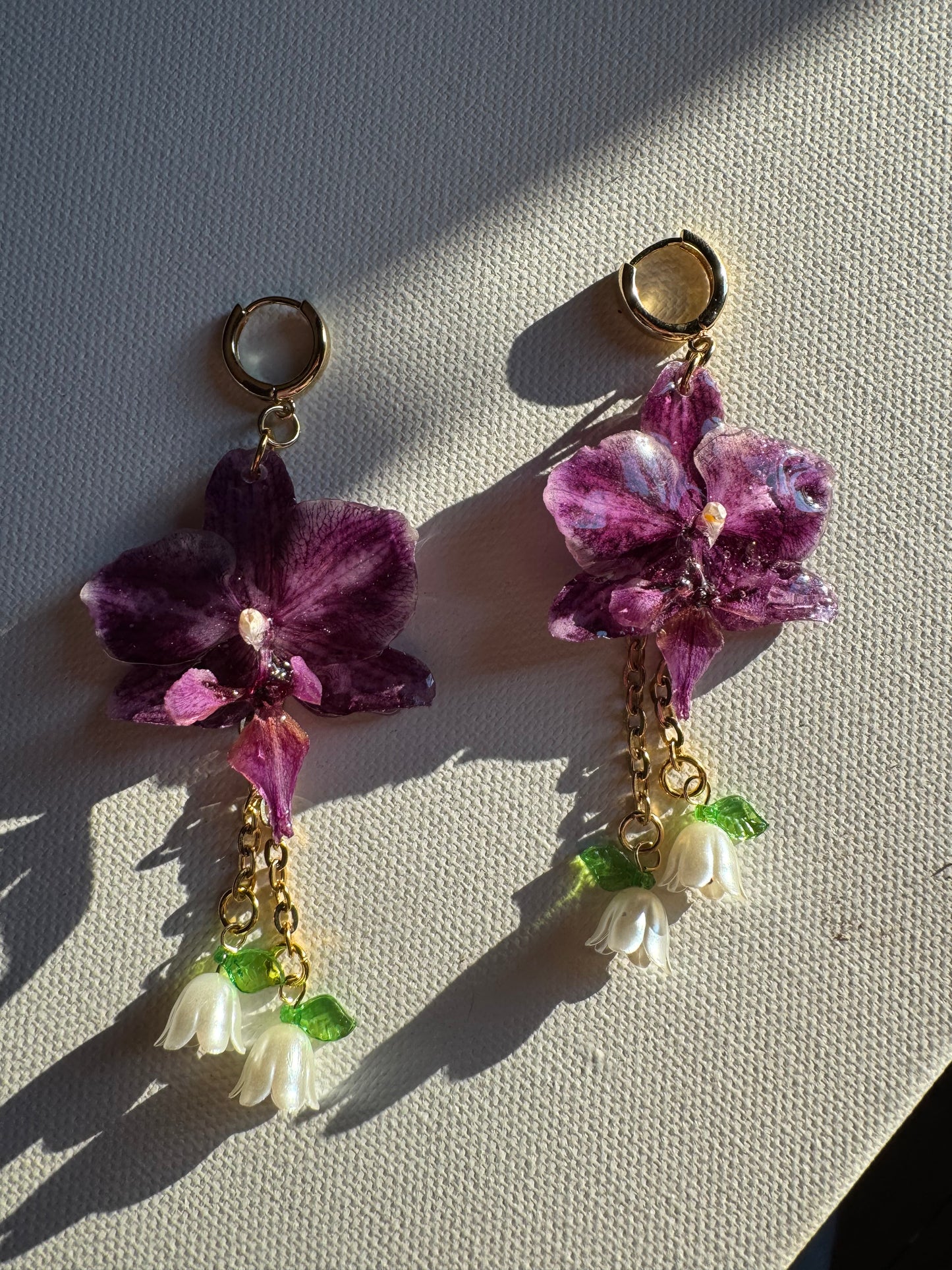 Purple orchid and lily of the valley earrings SYLLIA