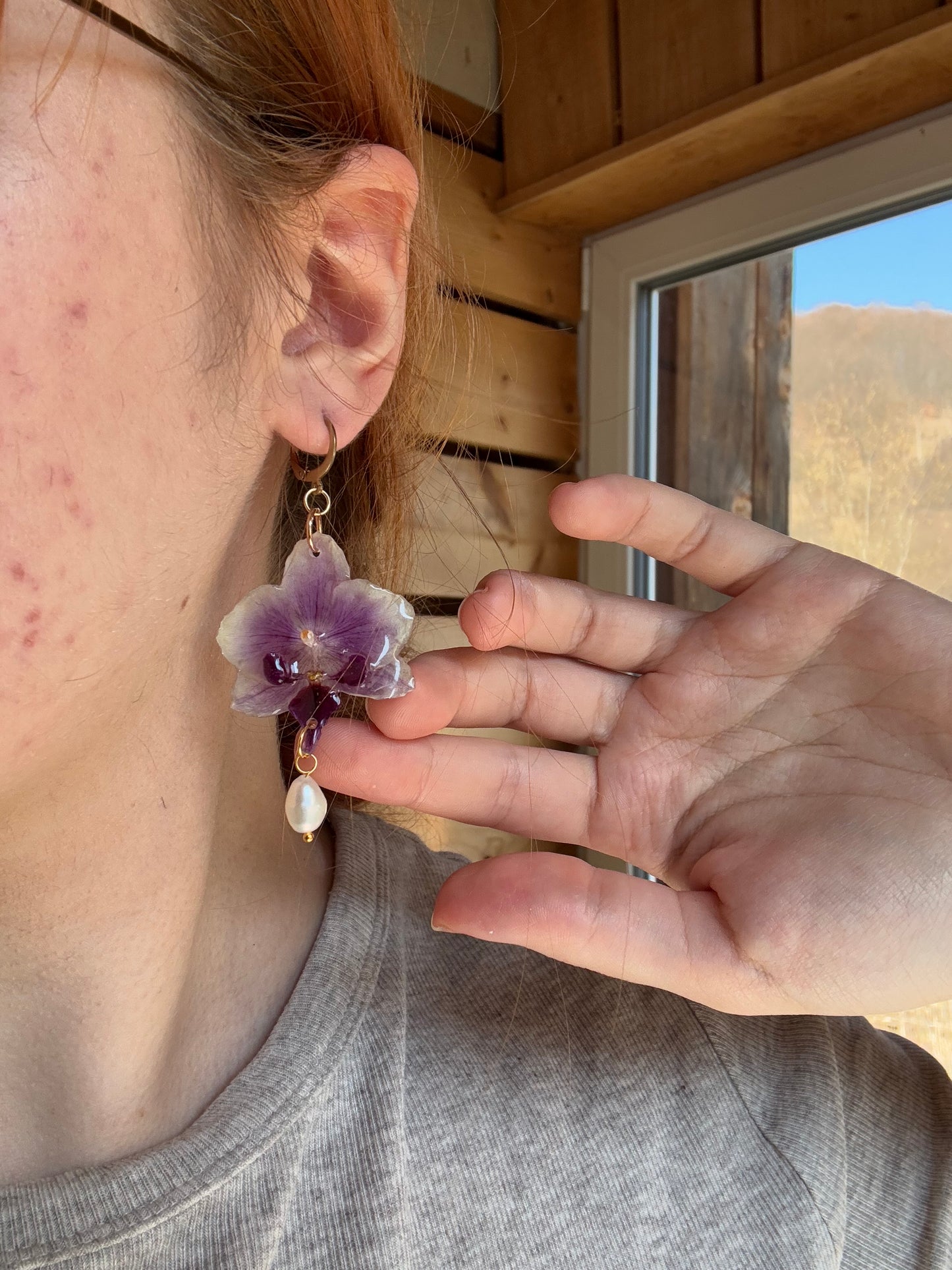 Orchid earrings with pearl charms