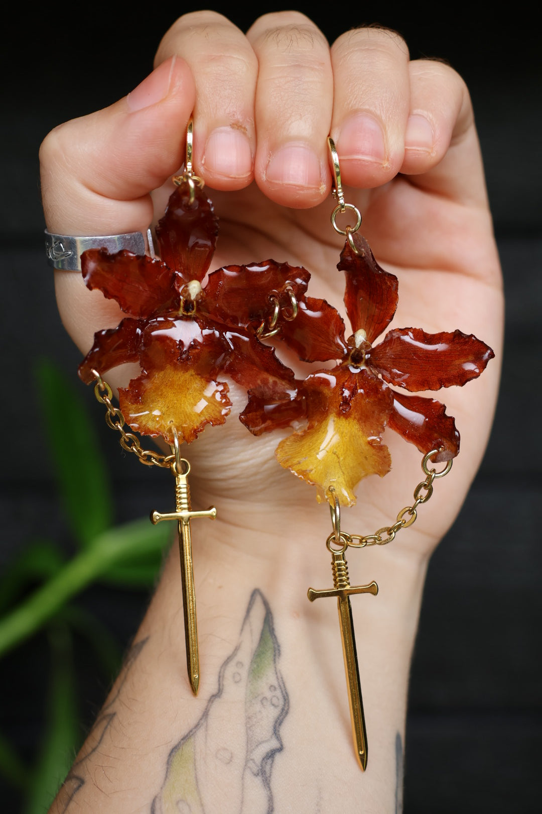 Red orchid and swords earrings